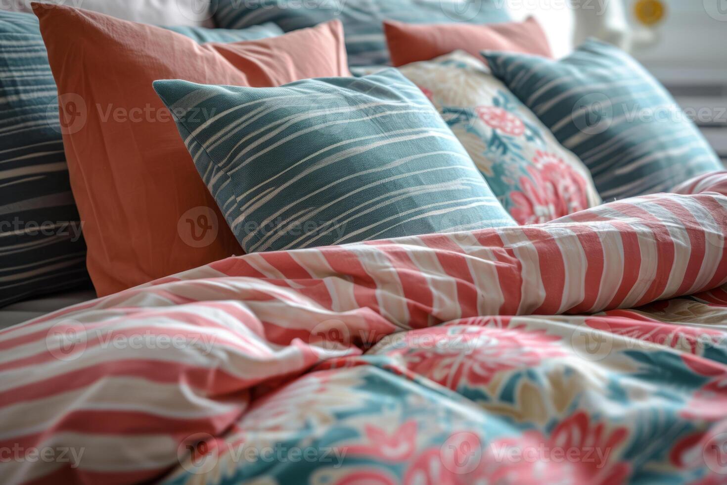 AI generated Soft bedding set with pillows in pastel colors. Colorful bed linen. Generative AI photo