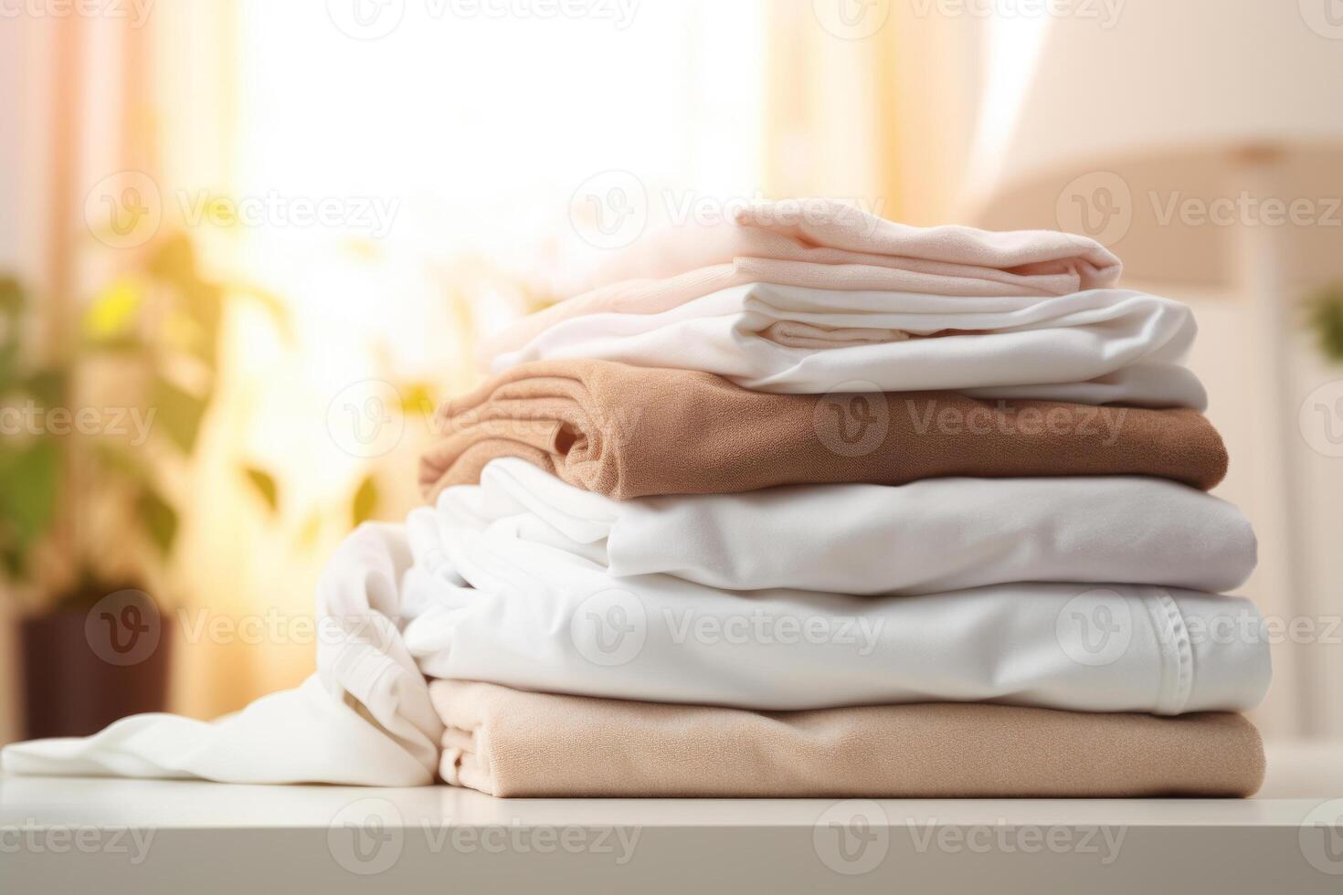 AI generated Stack of clean bedding sheets on blurred laundry room background. Generative AI photo