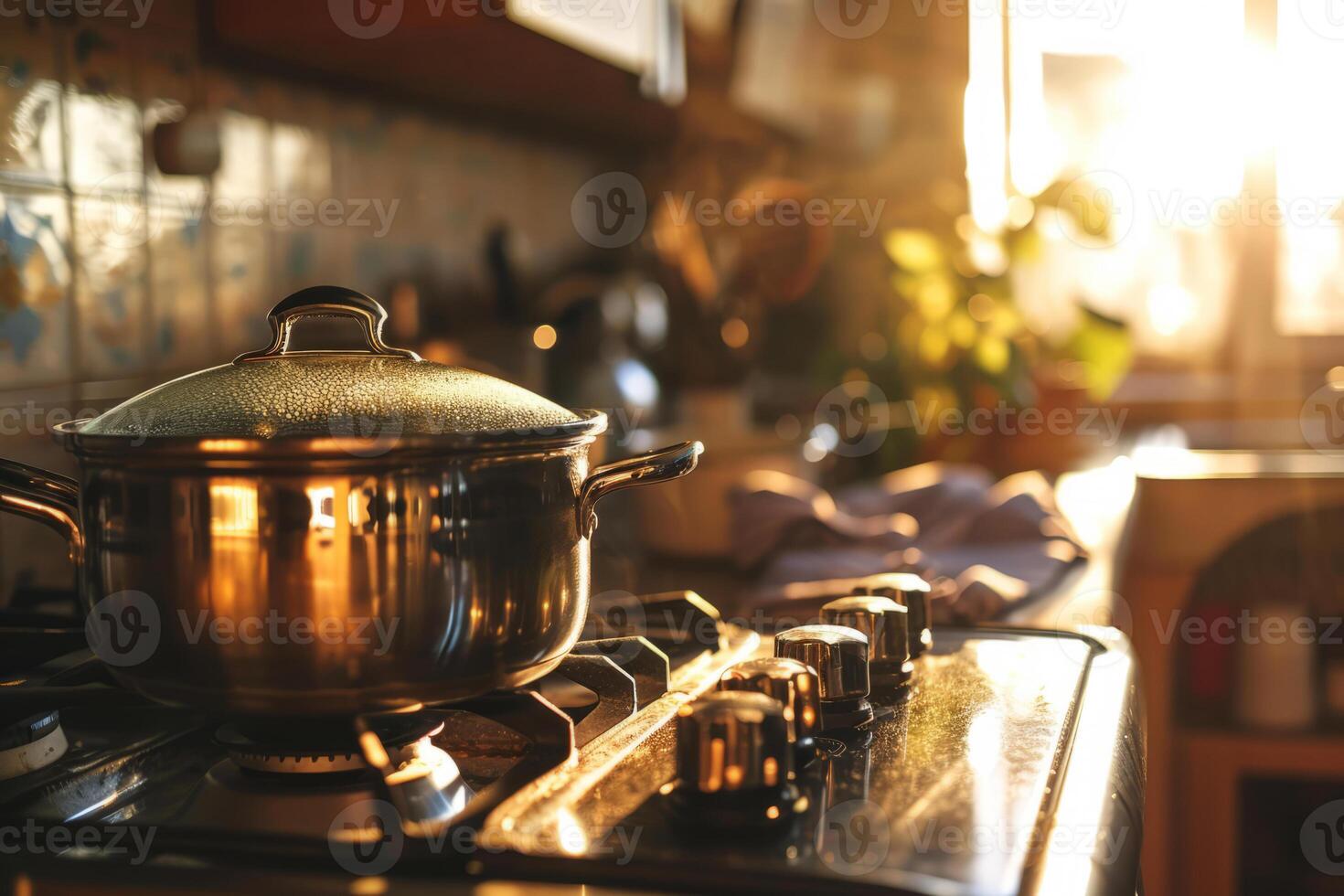 AI generated Pot on the stove. Stainless pan on the hob. Generative AI photo