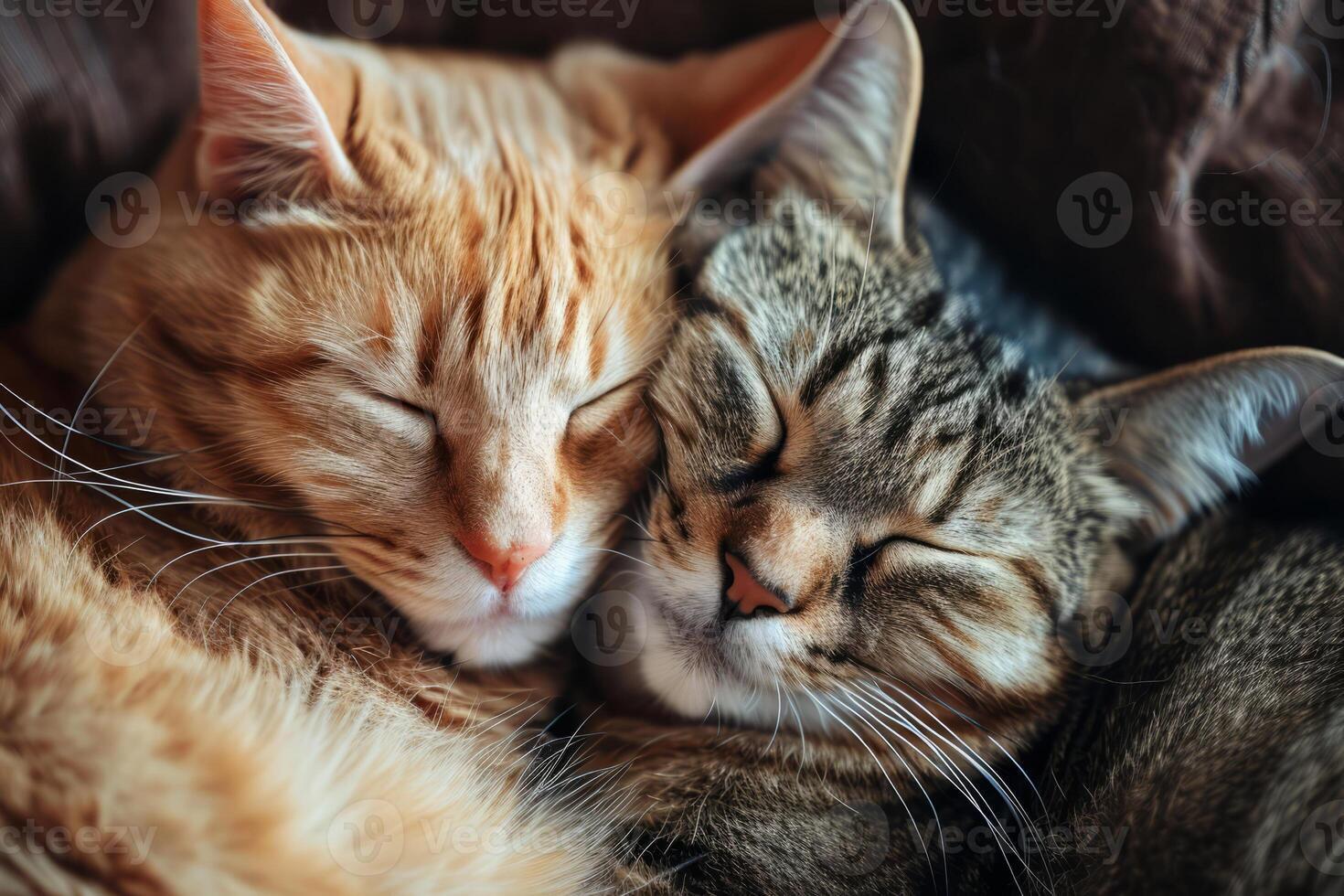 AI generated Two cats snuggling together. Two adorable kittens sleeping together close up. Generative AI photo