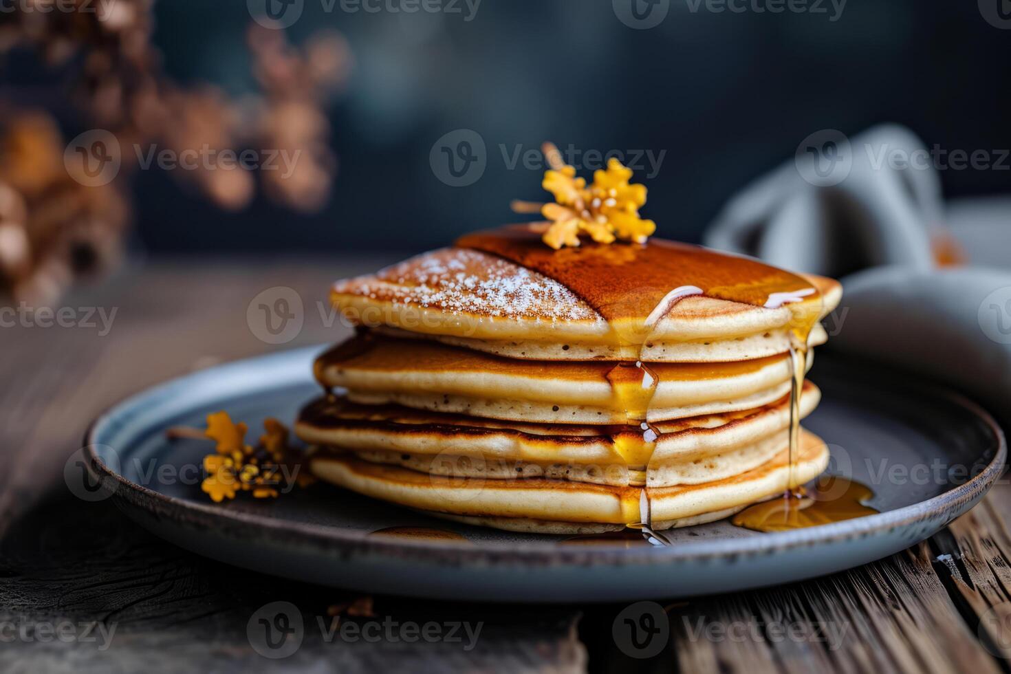 AI generated Homemade stack classic pancakes with maple syrup. Generative AI photo