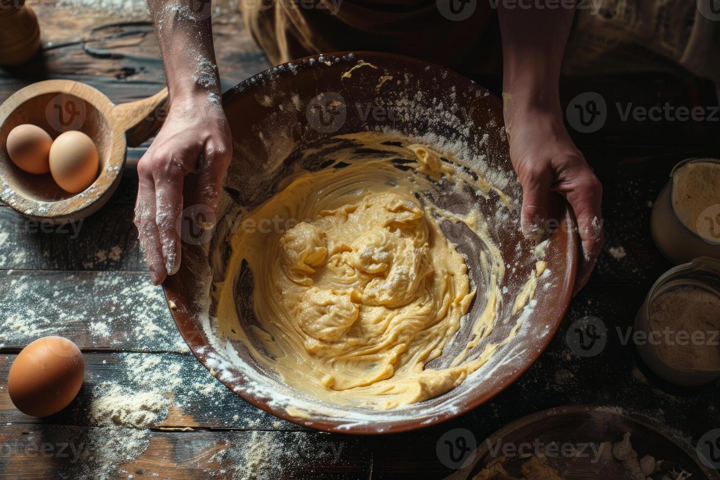 AI generated Baker's hands mixing batter in a bowl. Cooking at home concept. Generative AI photo