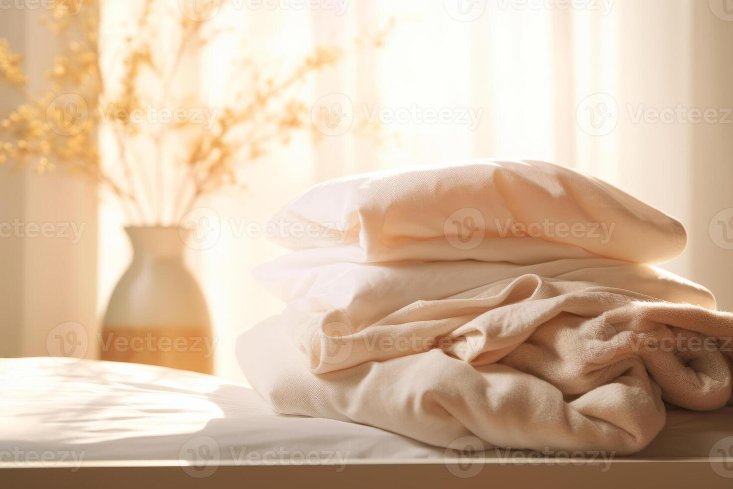 AI generated Stack of clean bedding sheets on blurred laundry room background. Generative AI photo