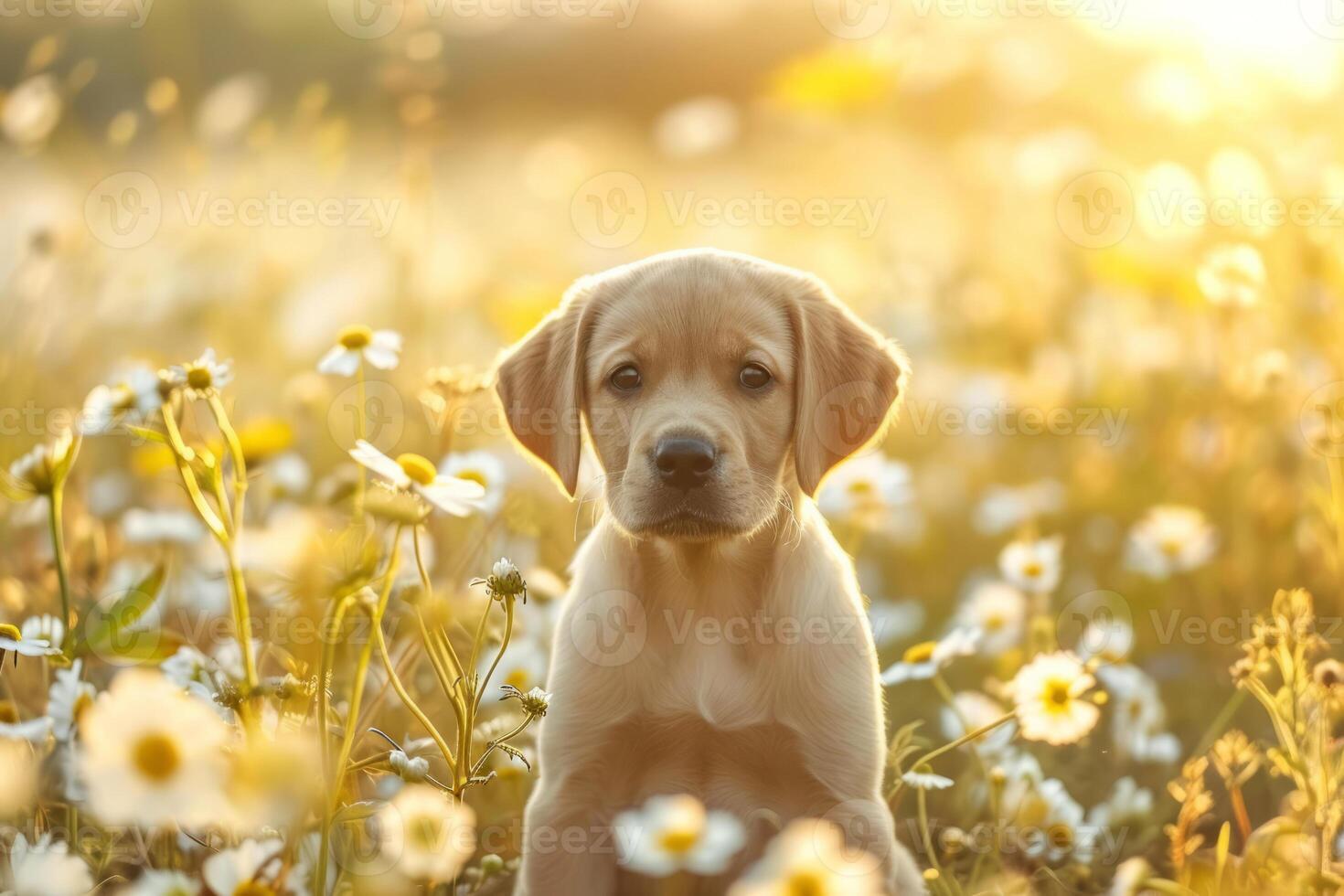 AI generated Cute puppy sitting in summer flower field. Generative AI photo