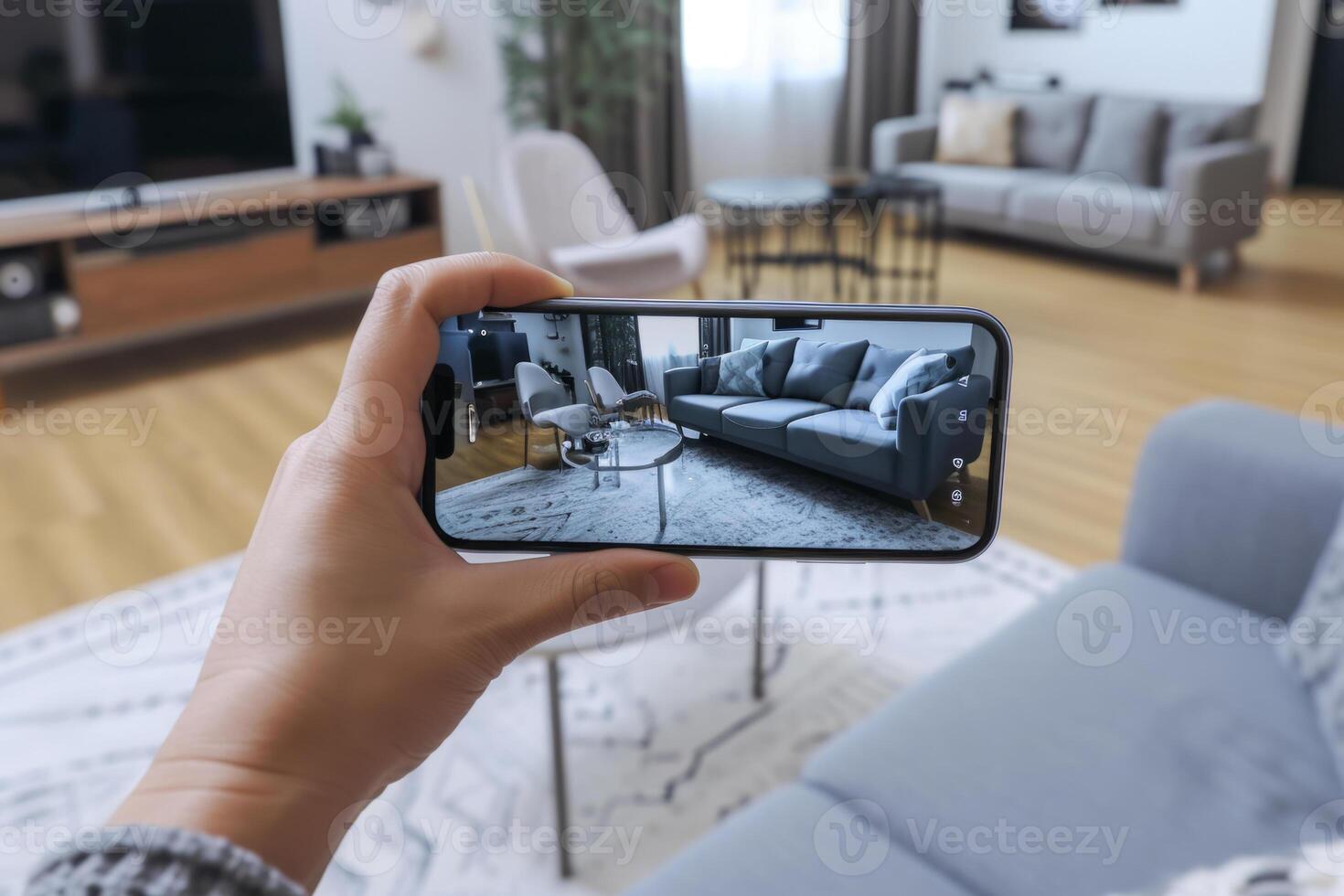 AI generated Hands hold smartphone with augmented reality interior design software to choose furniture. Generative AI photo