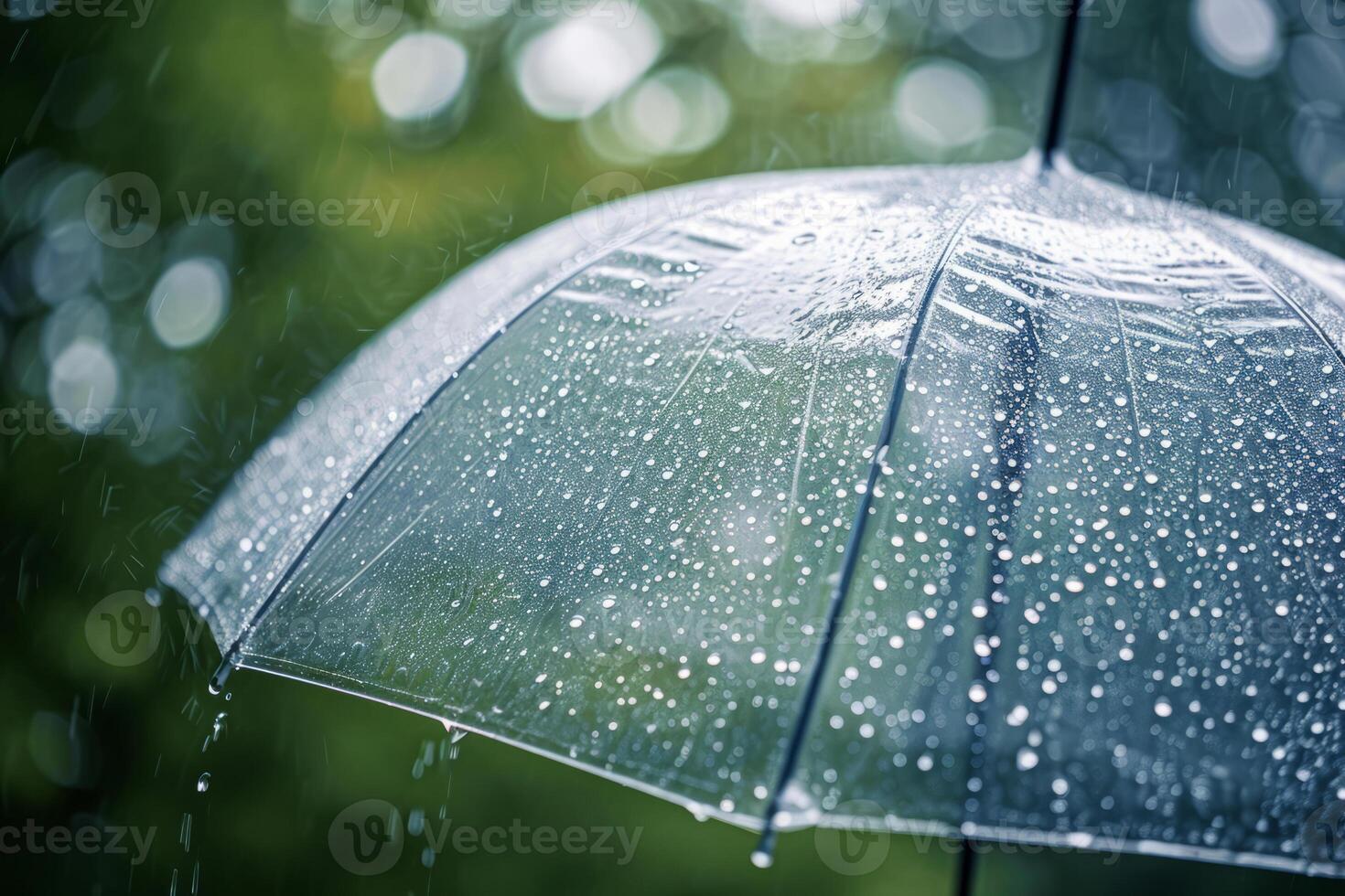 AI generated Closeup on transparent umbrella in heavy rain. Generative AI photo