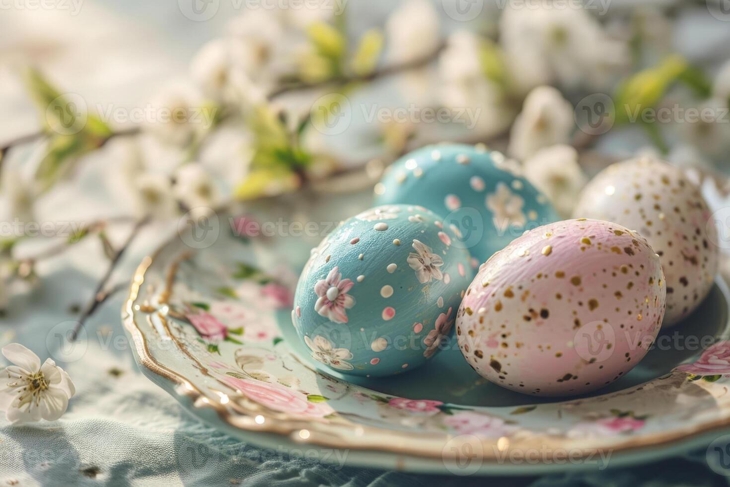 AI generated Decorated pastel colored Easter eggs on vintage plate. Generative AI photo