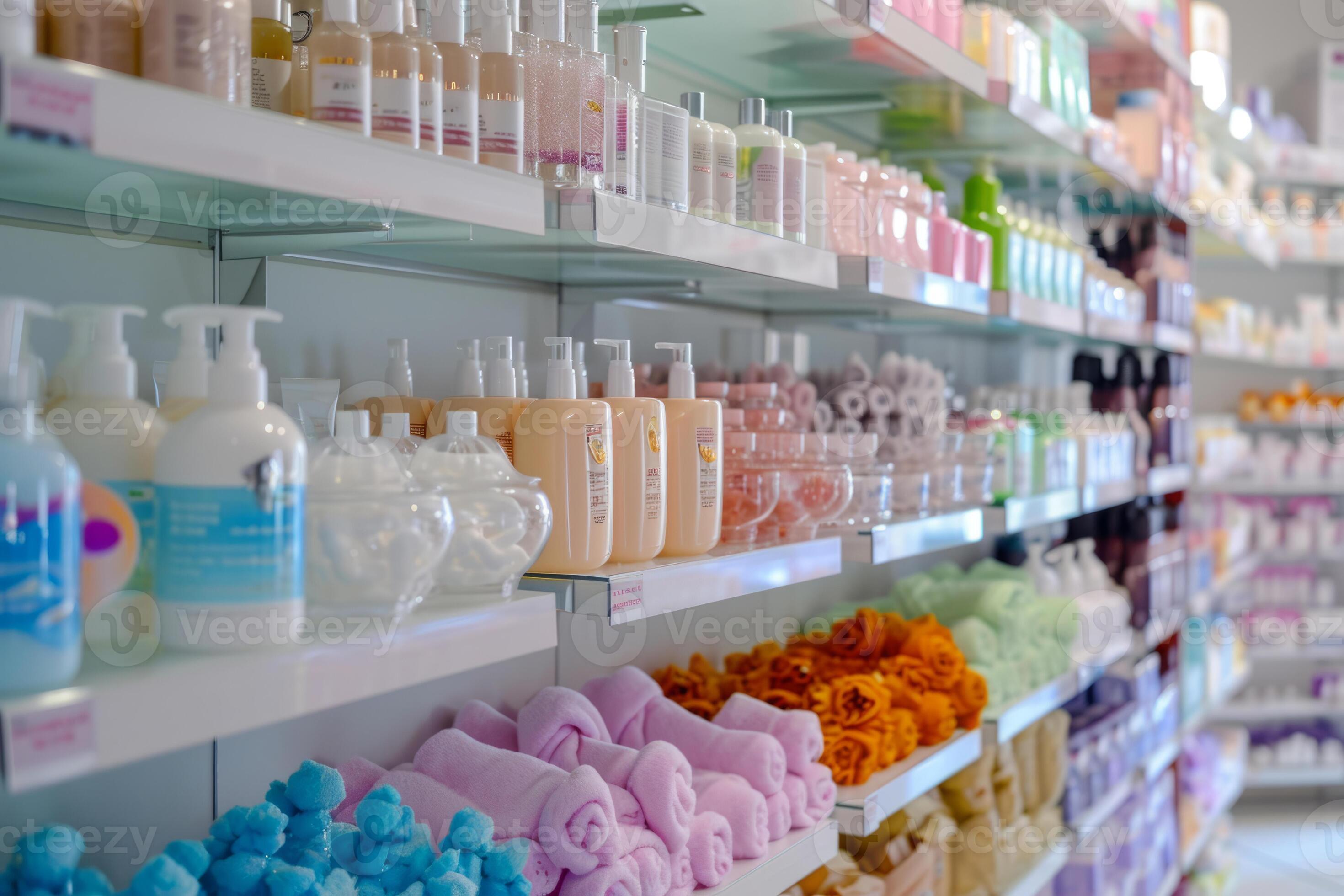 AI generated Shelves with items including soap and shampoo to sell