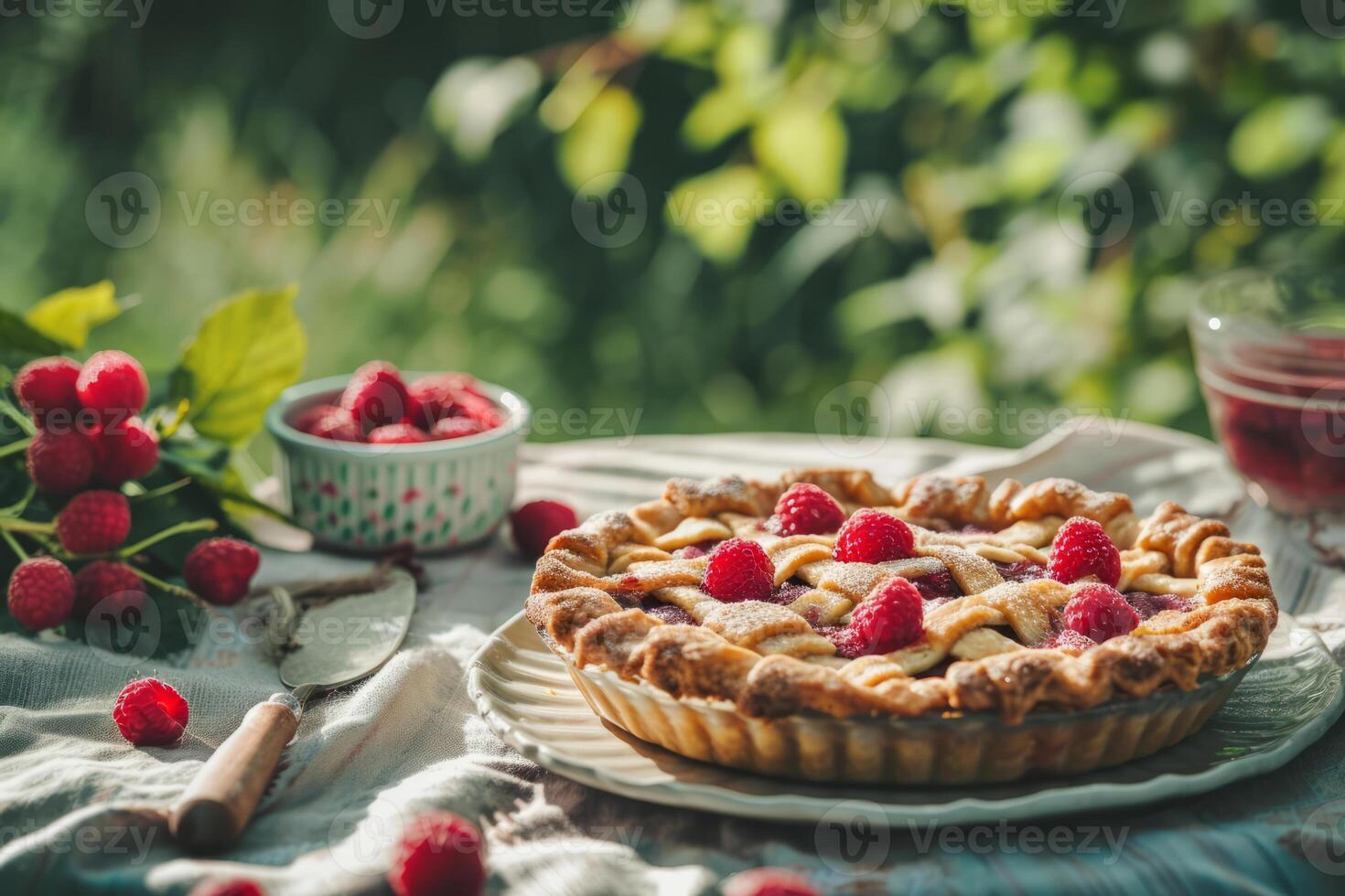 AI generated Homemade raspberry pie with fresh raspberries and jam. Generative AI photo