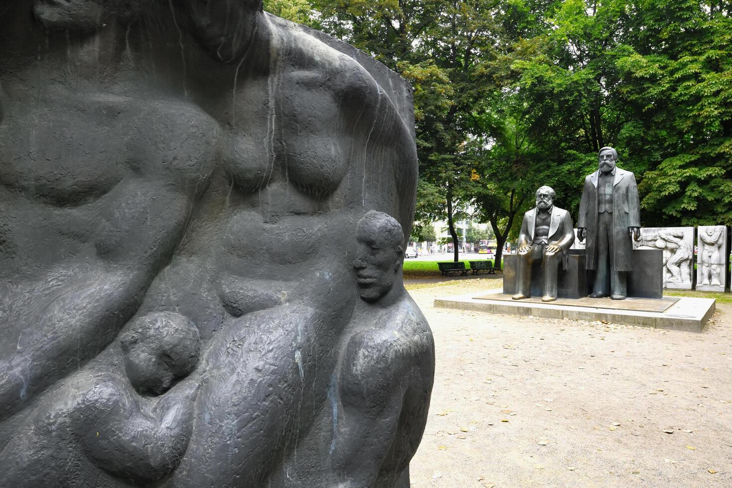 Berlin, Germany, 2021 - Karl Marx and Friedrich Engels Bronze monument, Marx Engels Forum, Berlin Mitte district, Berlin, Germany photo