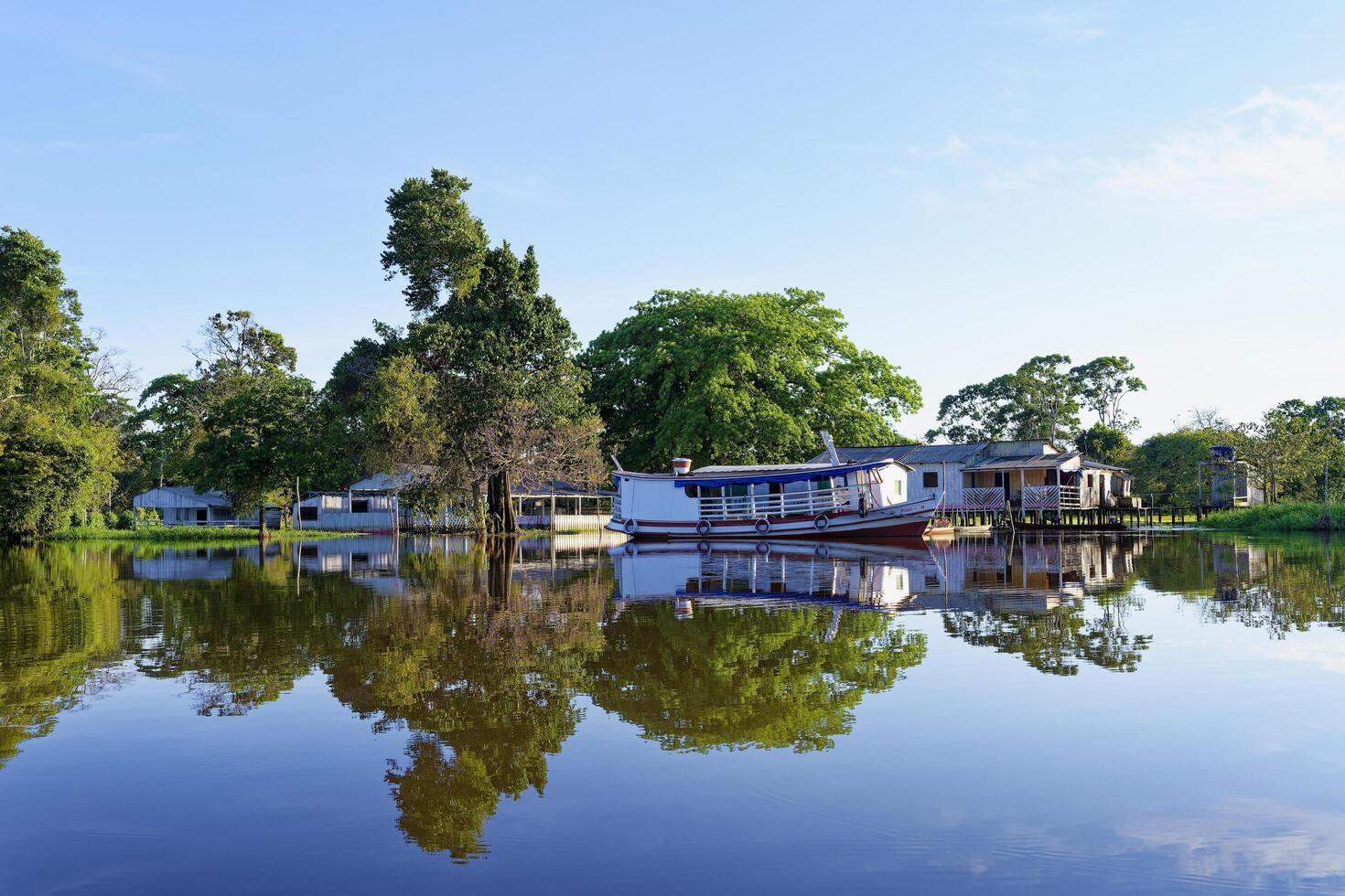 Amazonas, Brazil, 2023 - Wooden houses on stilts reflecting in the Amazon River, Amazonas state, Brazil photo