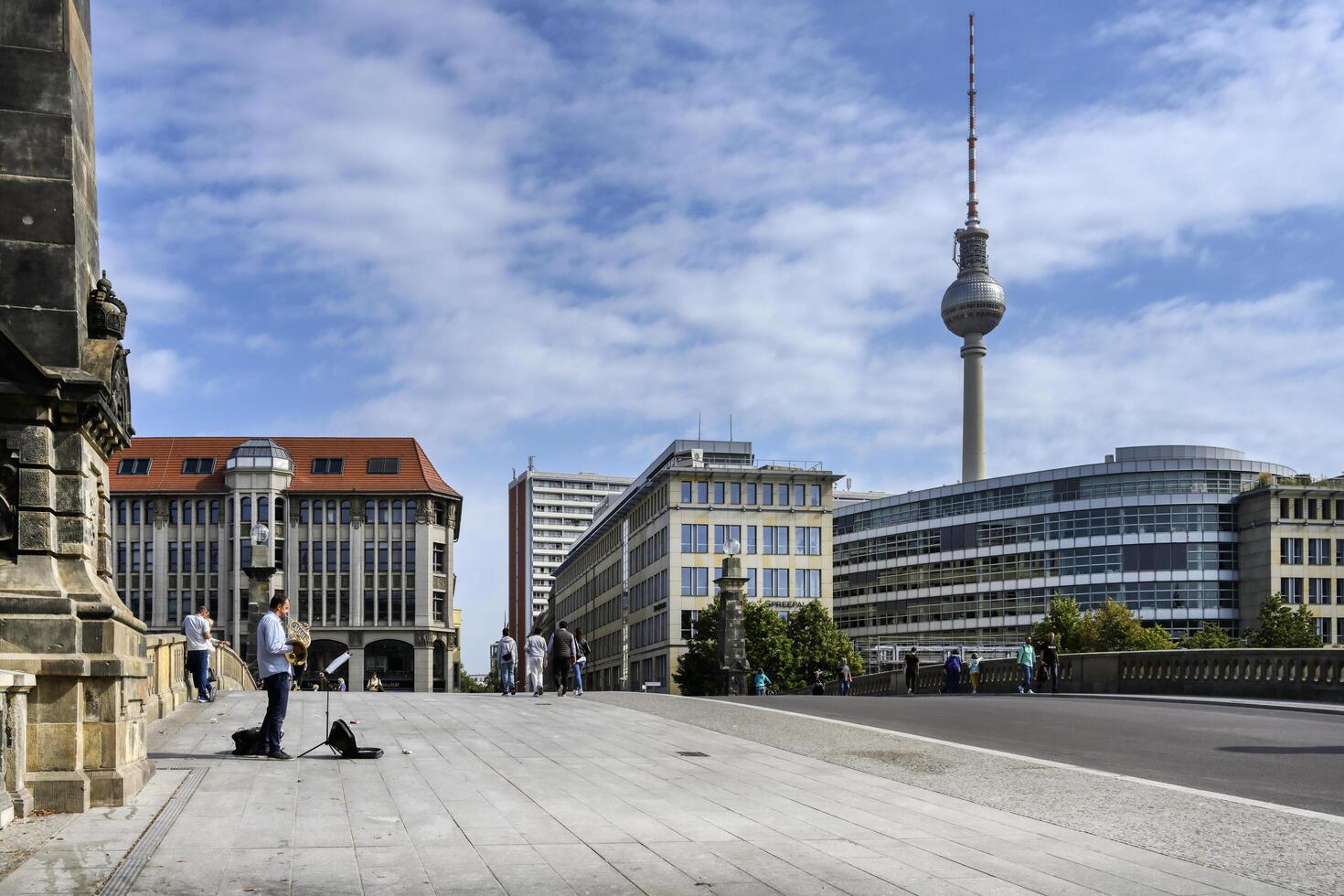 Berlin, Germany, 2021 - Berlin Television tower viewed from the Karl Liebnecht bridge, Berlin Mitte district, Berlin, Germany photo