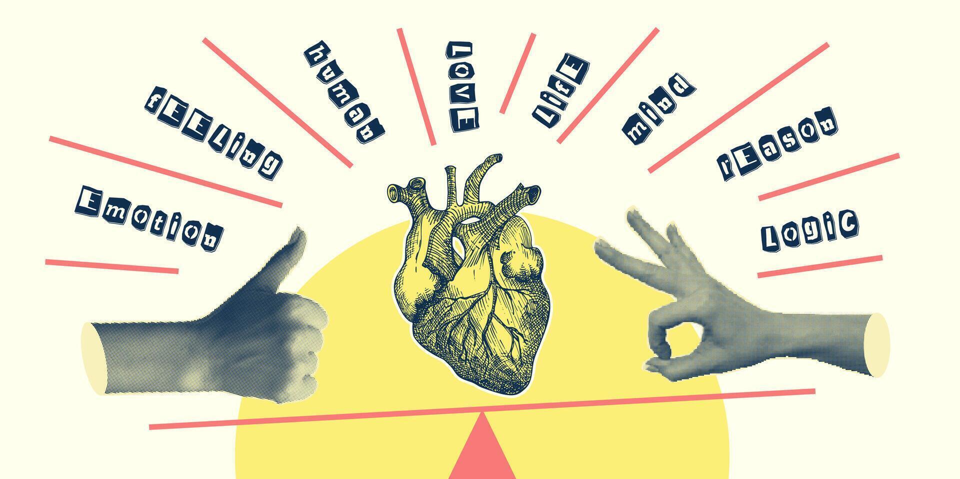 concepto corazón vs cerebro. Clásico diseño collage póster. mental salud y emocional bienestar simbolos mente-corazón equilibrar mano dibujado gráfico Arte. medio tono y bosquejo garabatear estilo. vector ilustración