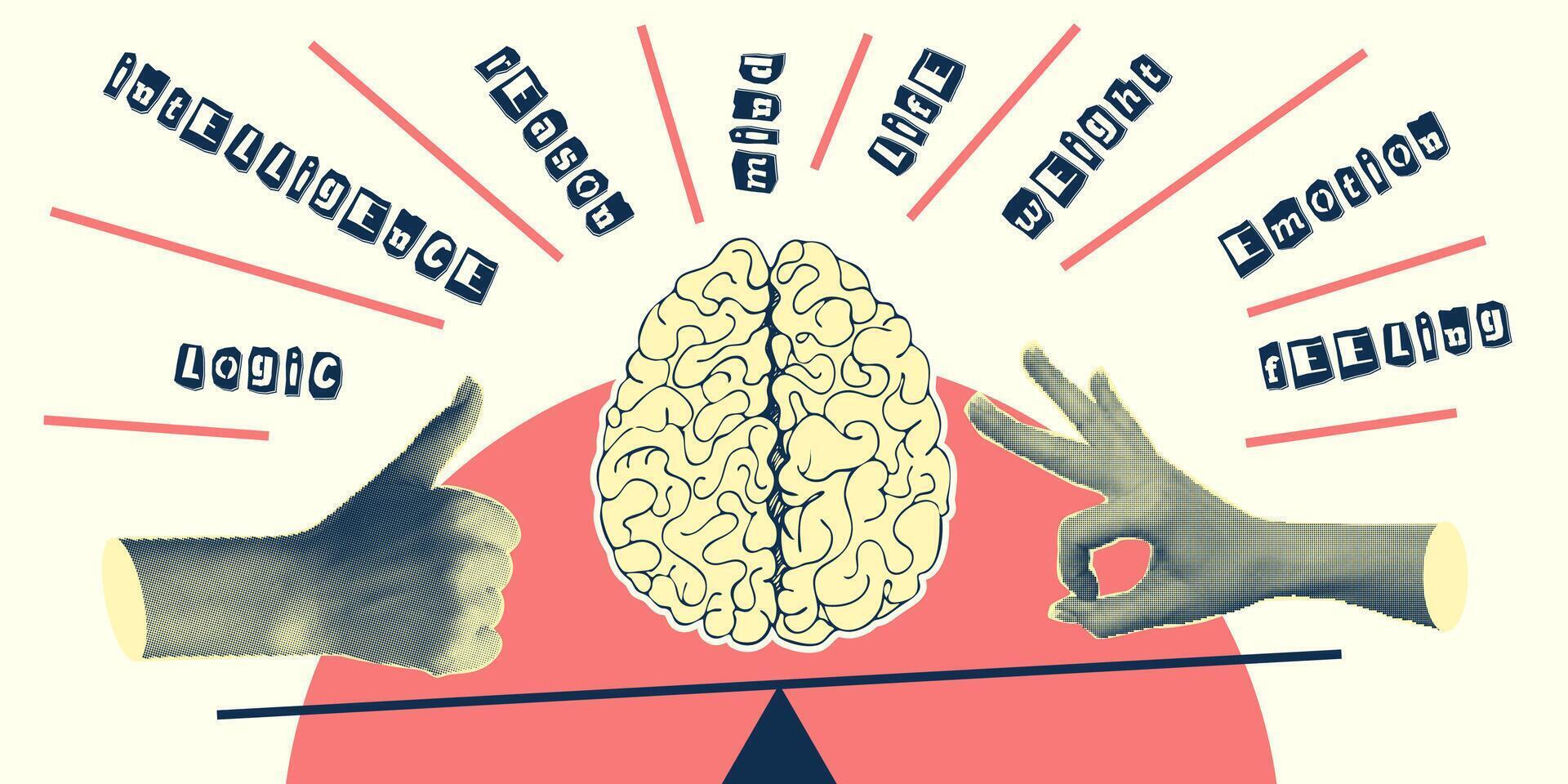 Concept heart VS brain. Vintage design collage poster. Mental health and emotional well-being symbols. Mind-heart balance hand drawn graphic art. Half tone and sketch doodle style. Vector illustration