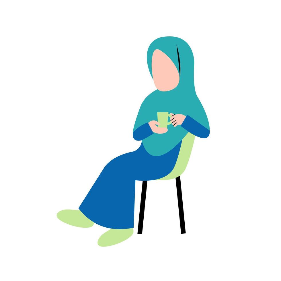 Hijab Woman Drinking Coffee On Chair vector