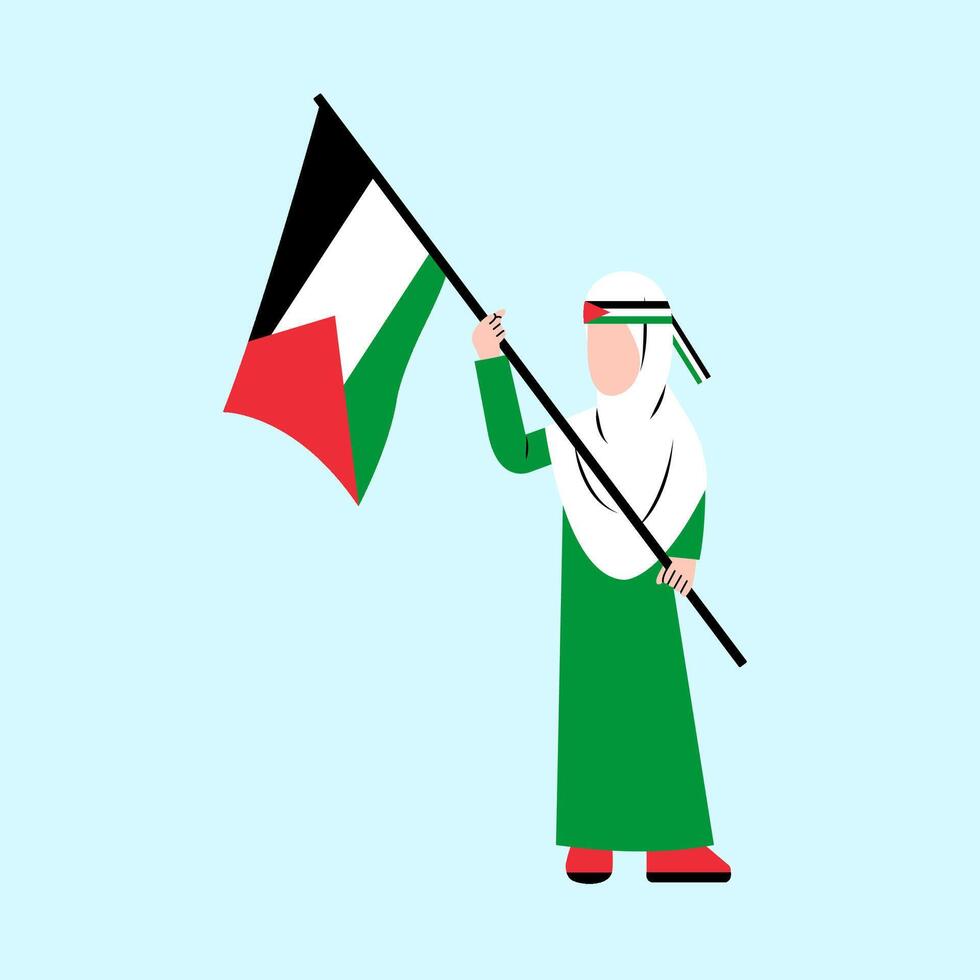 Hijab Woman Holding Palestine Flag vector