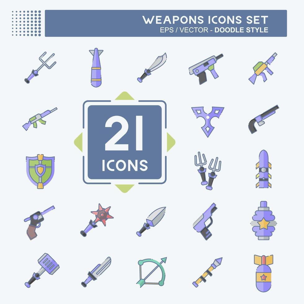 icono conjunto armas relacionado herramientas de guerra símbolo. garabatear estilo. sencillo diseño editable. sencillo ilustración vector