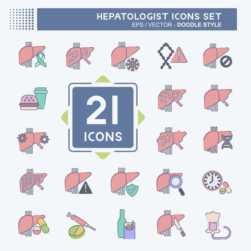 icono conjunto hepatólogo. relacionado a salud símbolo. garabatear estilo. sencillo diseño editable. sencillo ilustración vector