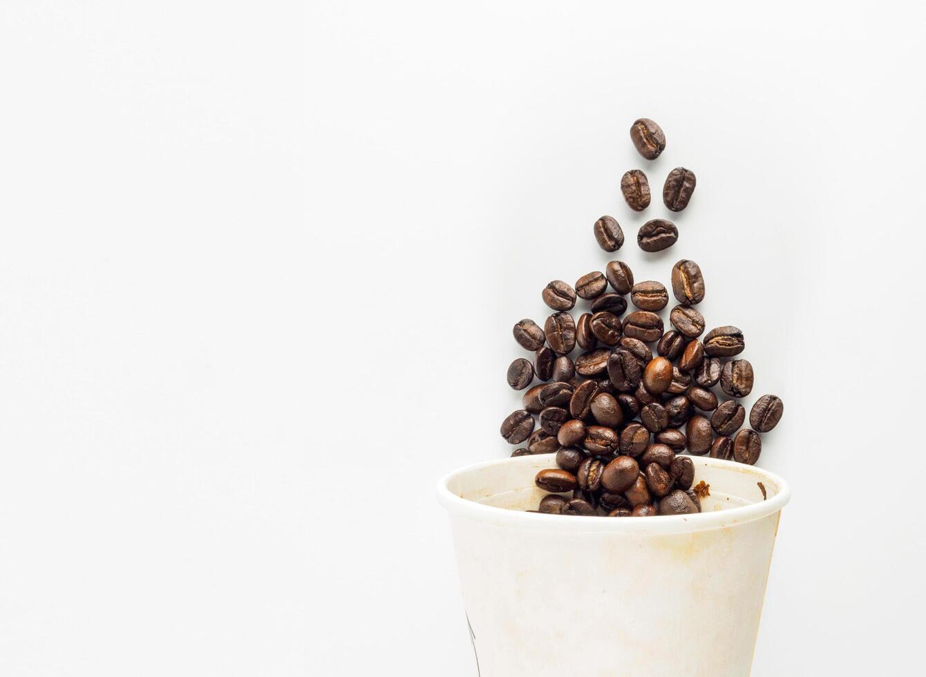 Roasted Arabica coffee beans, ready to make coffee that people like to drink. Placed in a Black coffee cup paper on the background. Looks beautiful and appetizing. Drink. photo