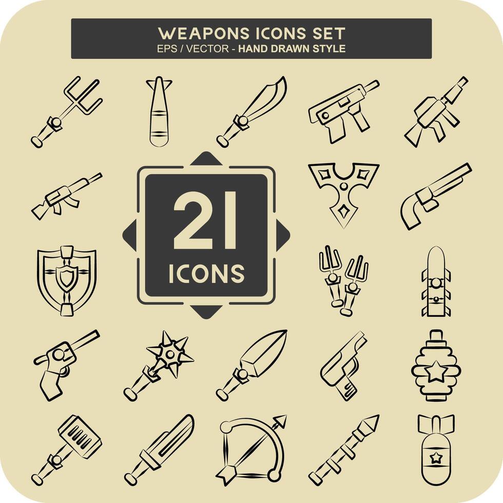 icono conjunto armas relacionado herramientas de guerra símbolo. mano dibujado estilo. sencillo diseño editable. sencillo ilustración vector