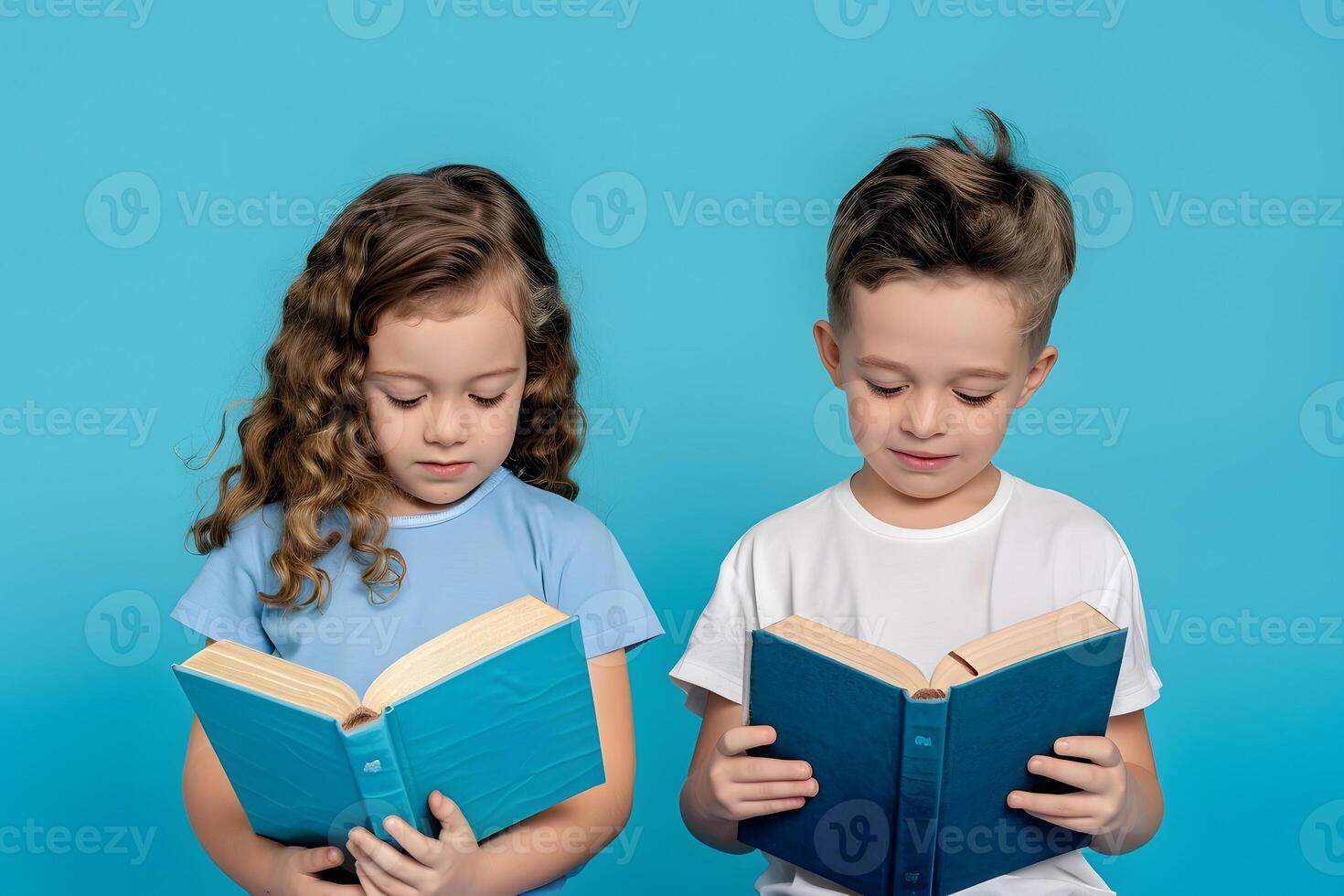 AI generated Cute little boy and girl reading holy bible book. photo