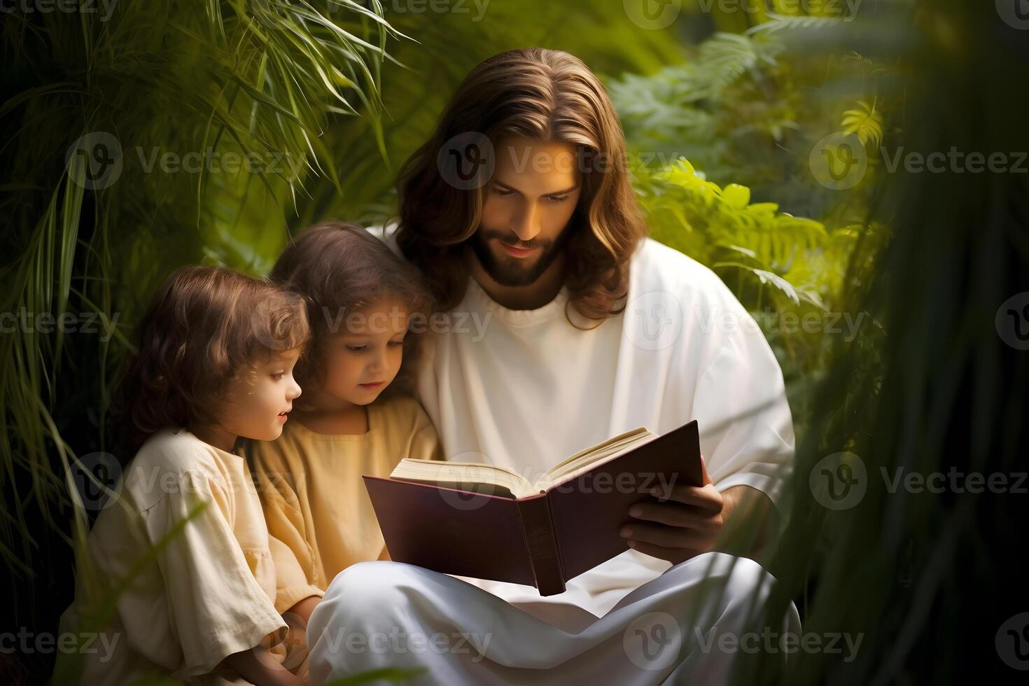 ai generado Jesús Cristo y niños leyendo libro en el jardín foto