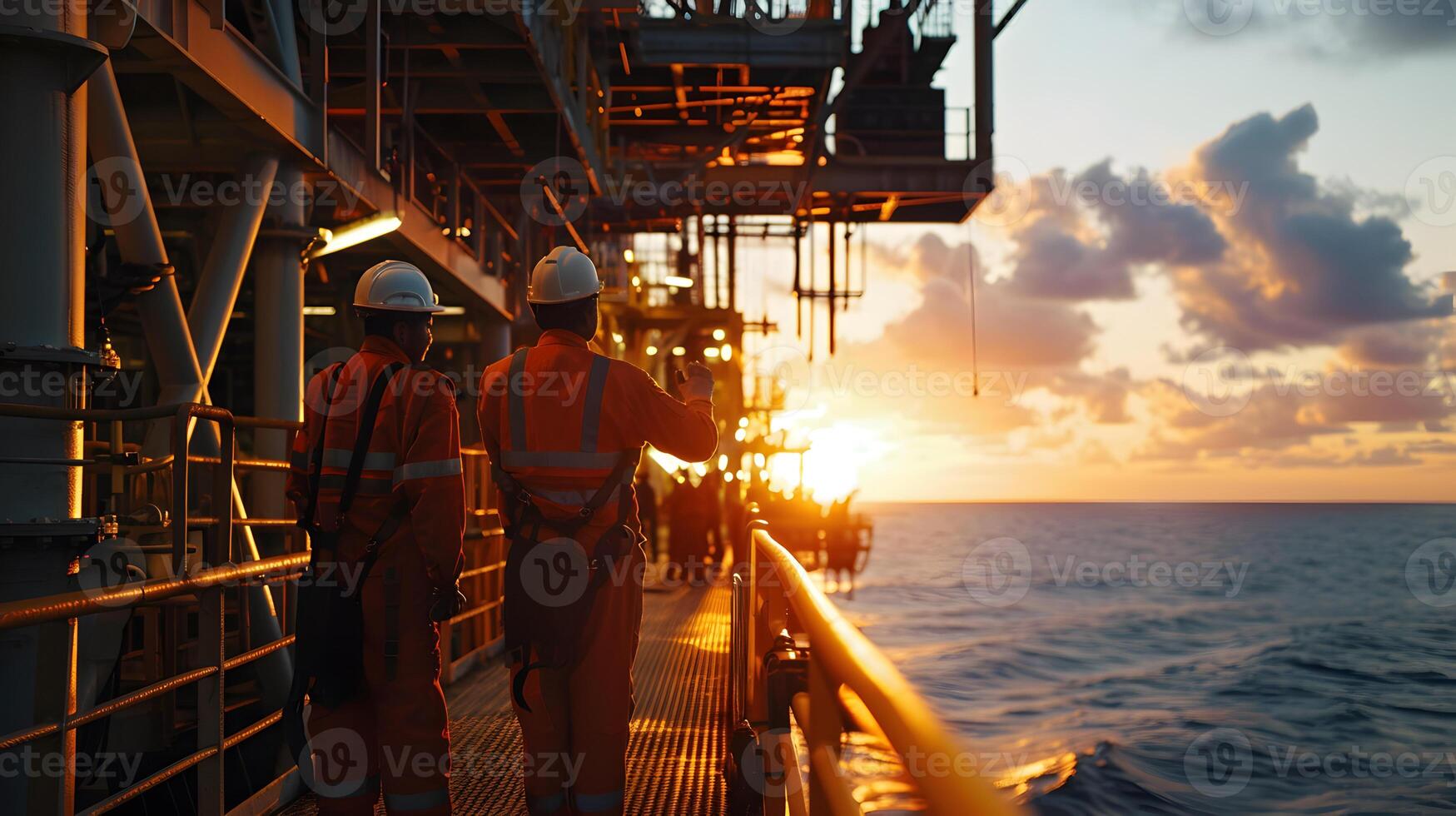 ai generado industrial trabajadores en el petróleo tubo estación a mar foto