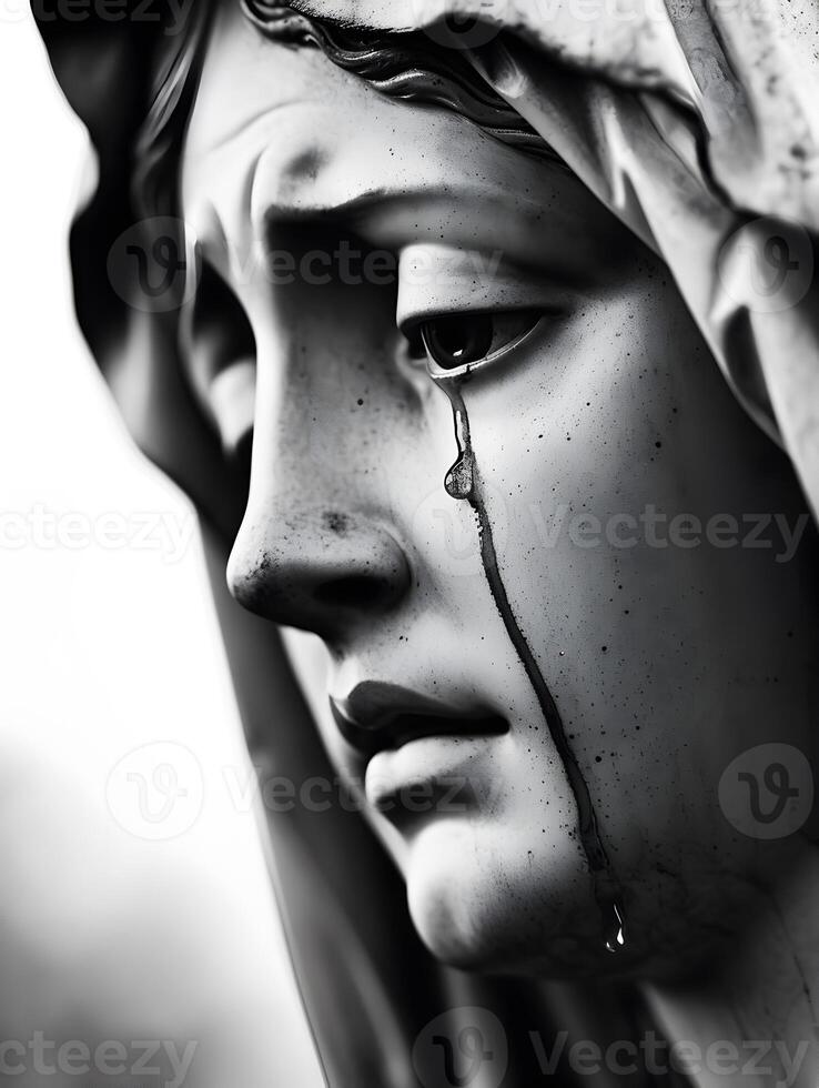 AI generated Catholic icon of Virgin Mary with tears. Crying of St. Mary. photo