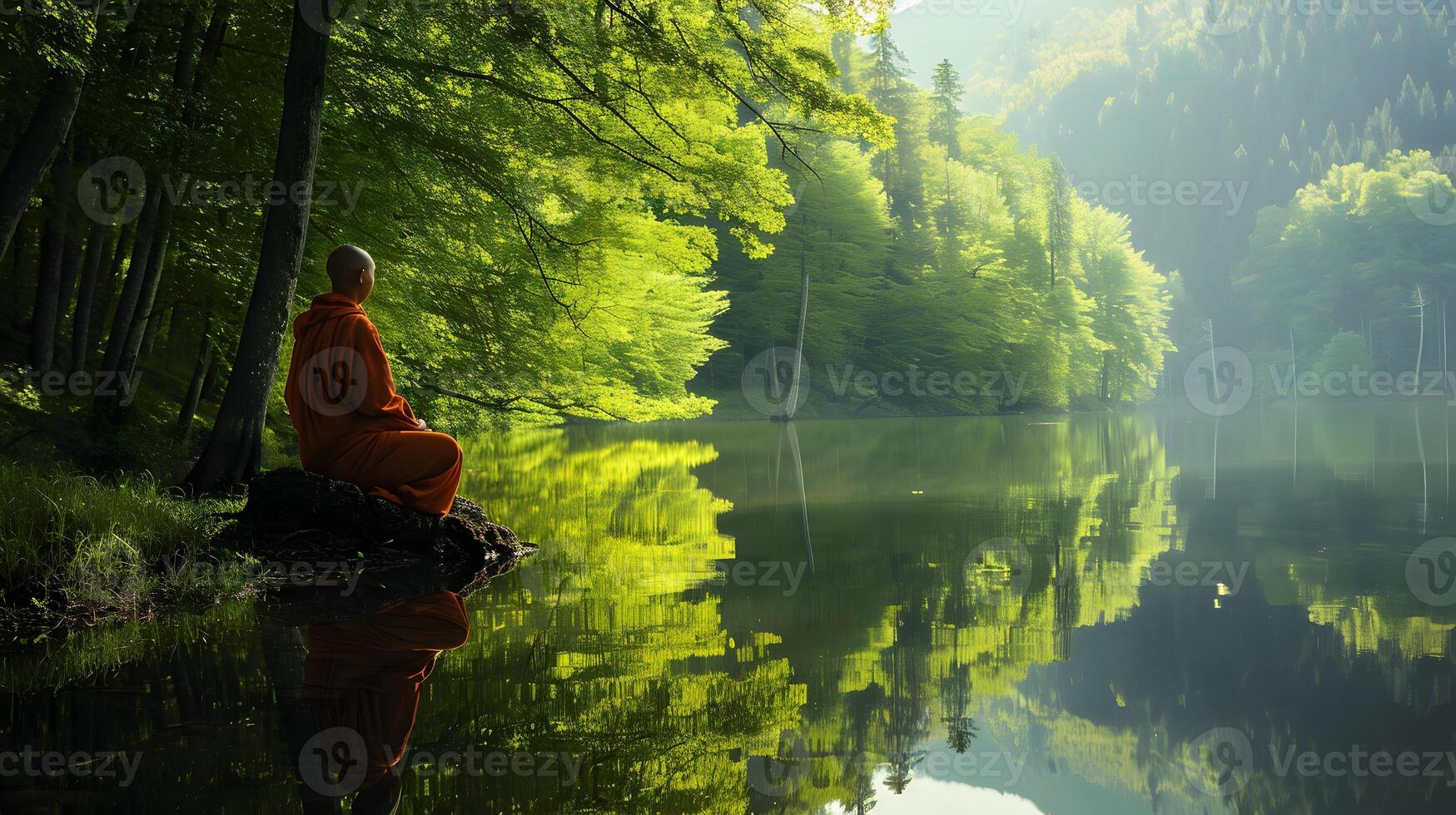 ai generado budista monje en meditación junto a un lago en el selva foto