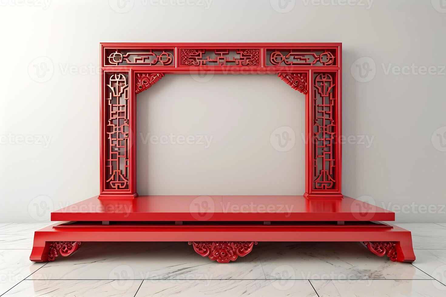 AI generated Red colored mockup frame and podium. Chinese traditional theme. photo