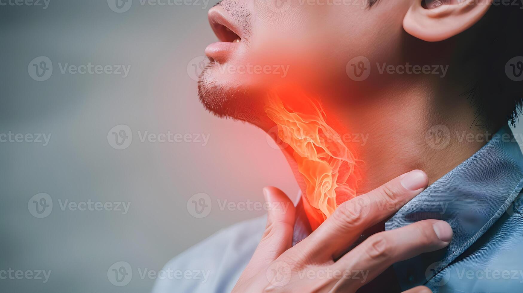 ai generado fuego a cuello de un hombre. concepto de dolorido garganta, faringitis, laringitis, tiroiditis, asfixia foto