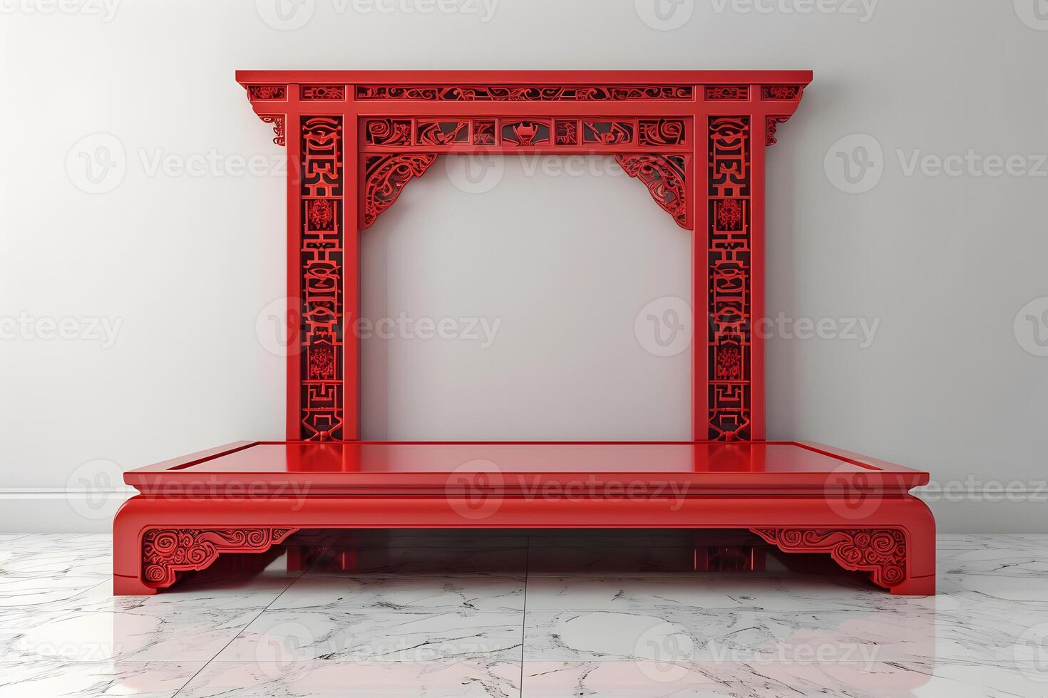 AI generated Red colored mockup frame and podium. Chinese traditional theme. photo