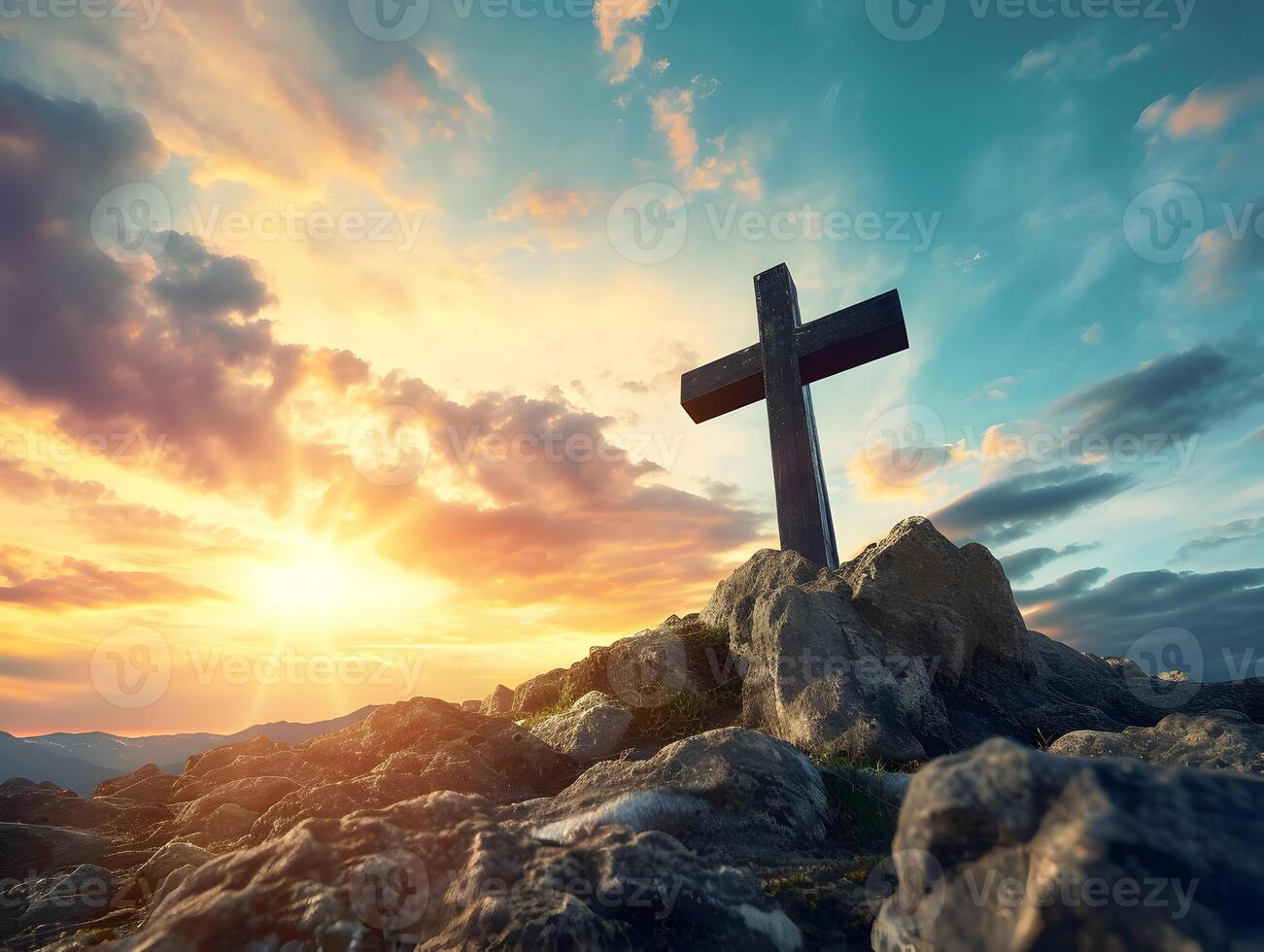 ai generado cristiano cruzar en cima de la montaña a puesta de sol. foto