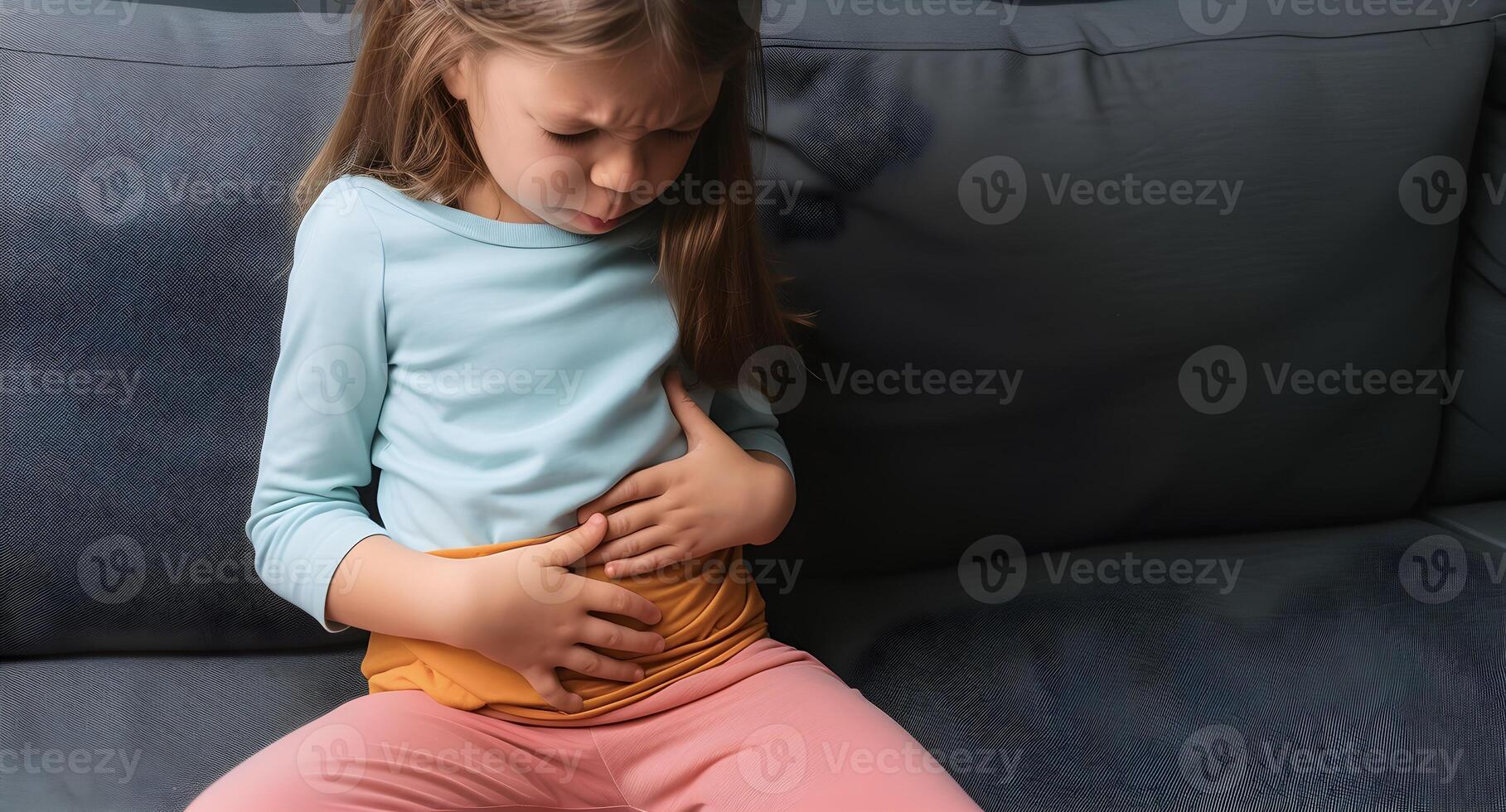 AI generated Caucasian little girl suffering from abdominal pain photo