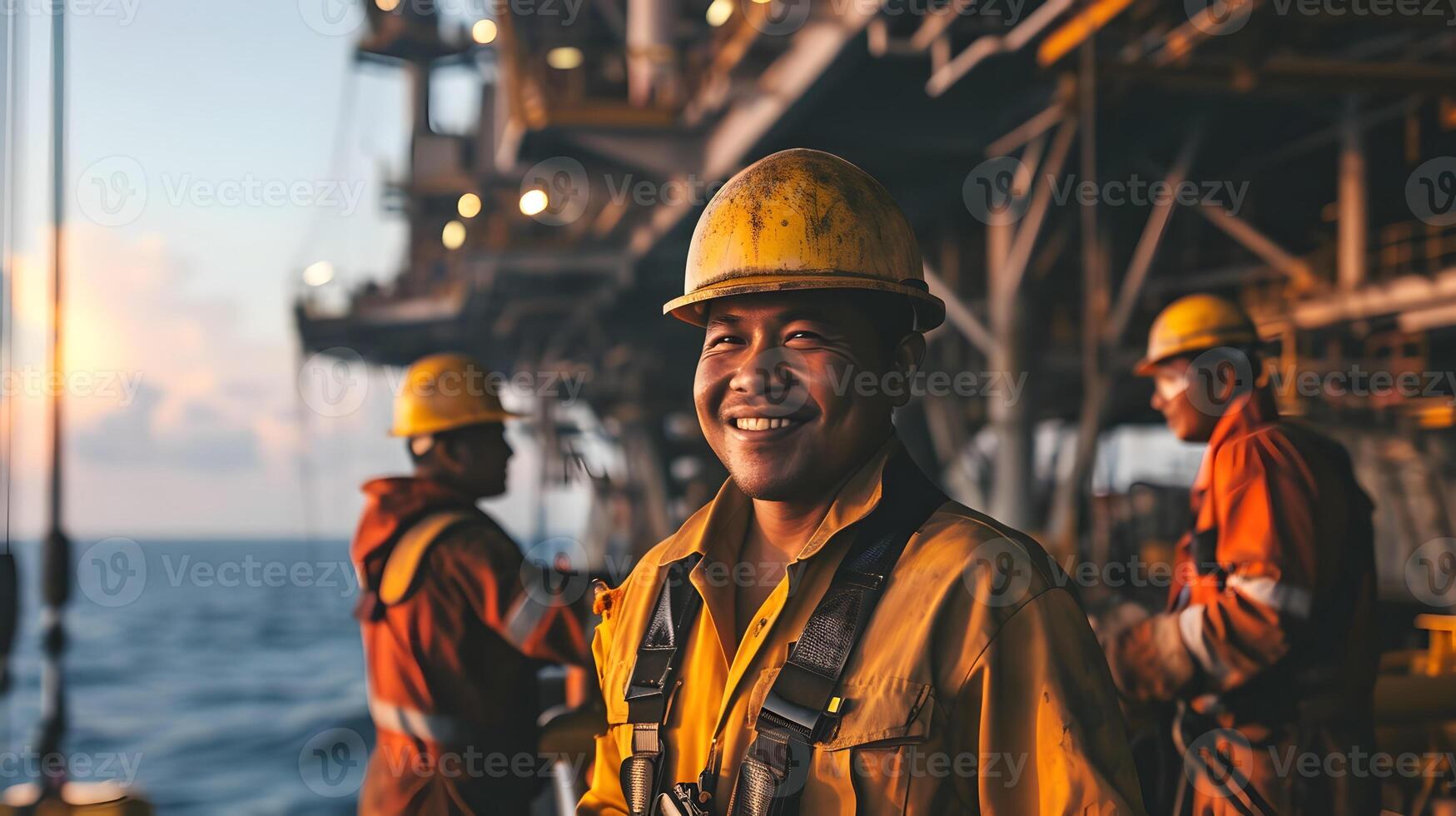 ai generado asiático industrial trabajadores en el petróleo tubo estación a mar foto