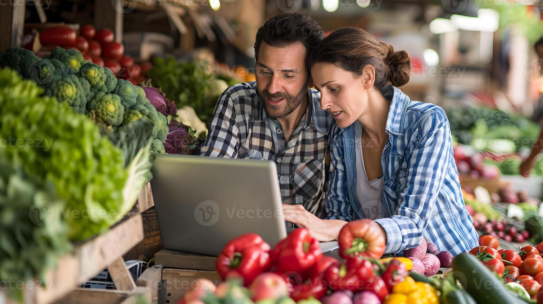 AI generated Happy caucasian couple at vegetables and fruits shop. photo