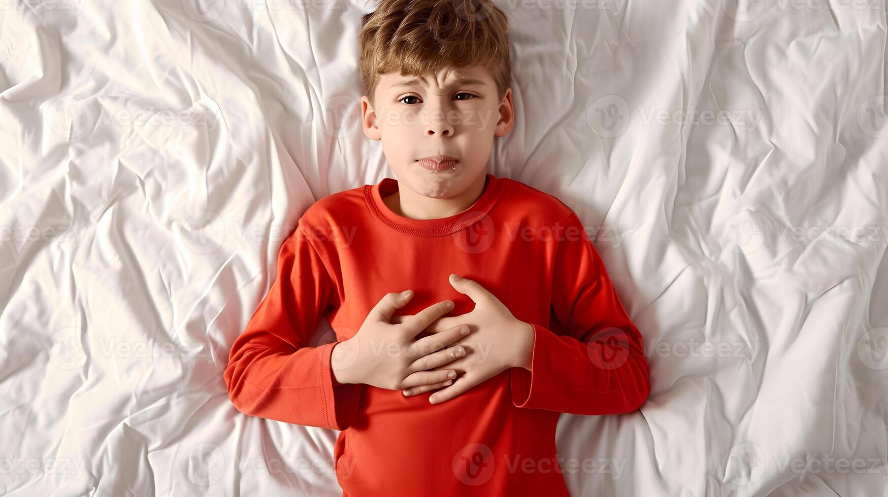 AI generated Caucasian child suffering from abdominal pain photo