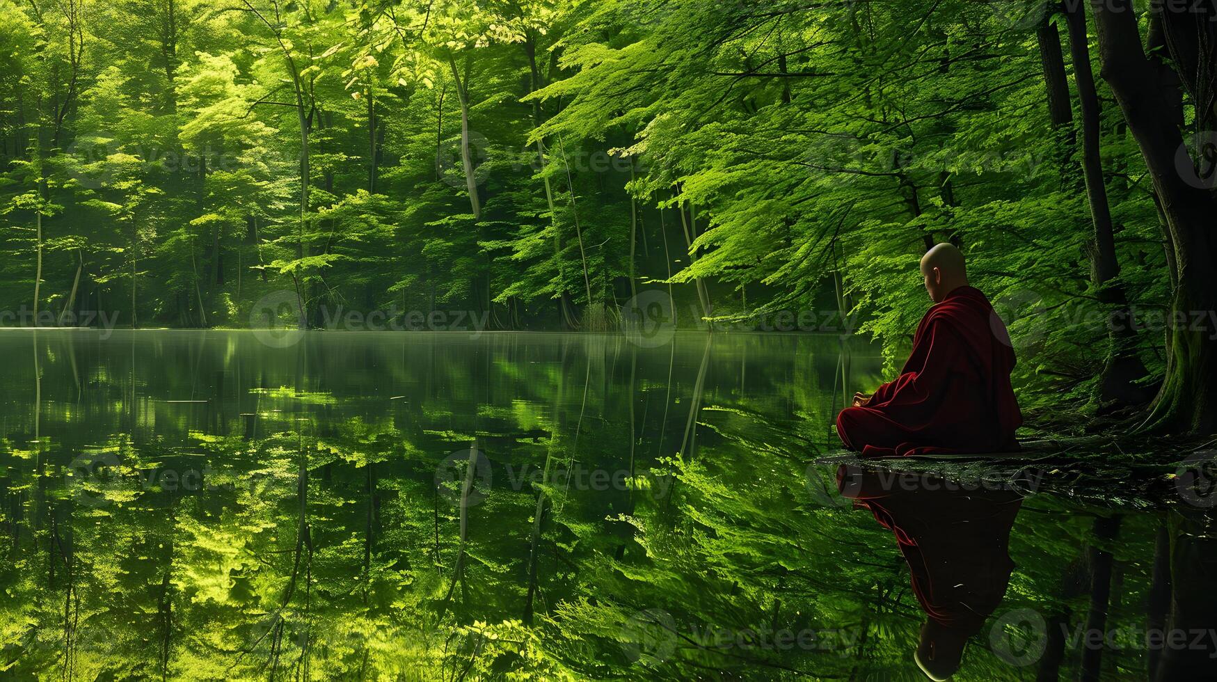 AI generated Buddhist monk in meditation beside a lake in the jungle photo