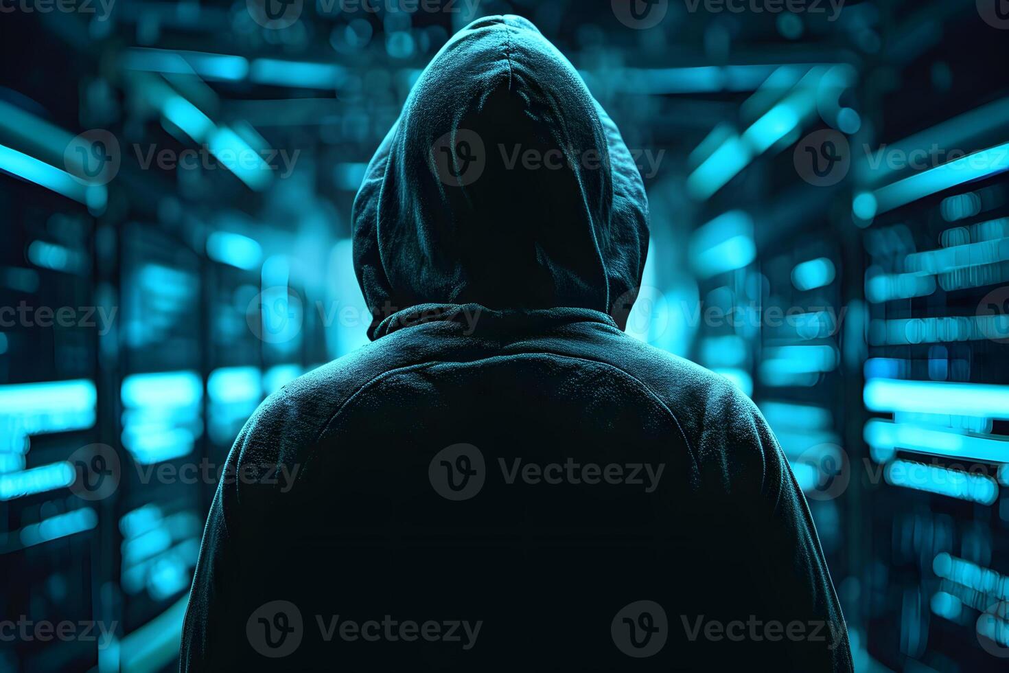 AI generated Back view of anonymous hacker. Concept of cybercrime, cyberattack, dark web. photo