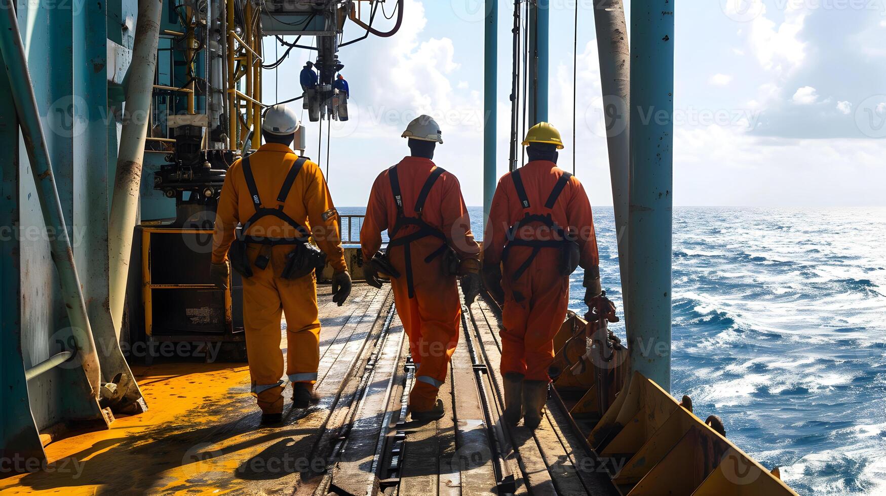 ai generado industrial trabajadores en el petróleo tubo estación a mar foto