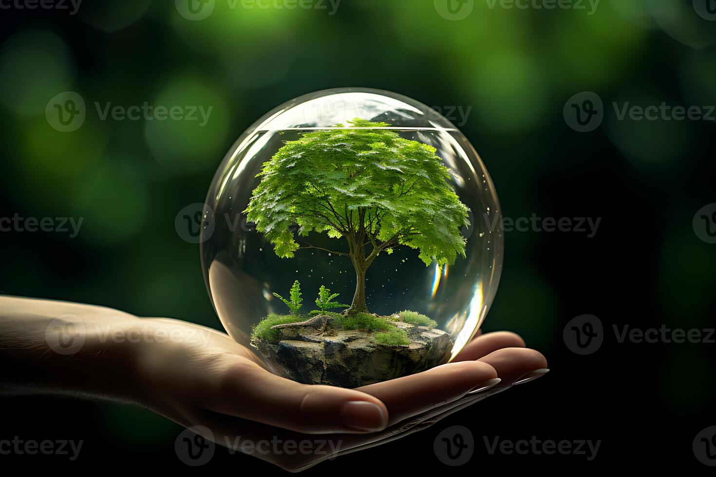 Ilustración 3d concepto de energía renovable el día de la tierra o la protección del medio ambiente protegen los bosques que crecen en el suelo y ayudan a salvar el planeta. foto