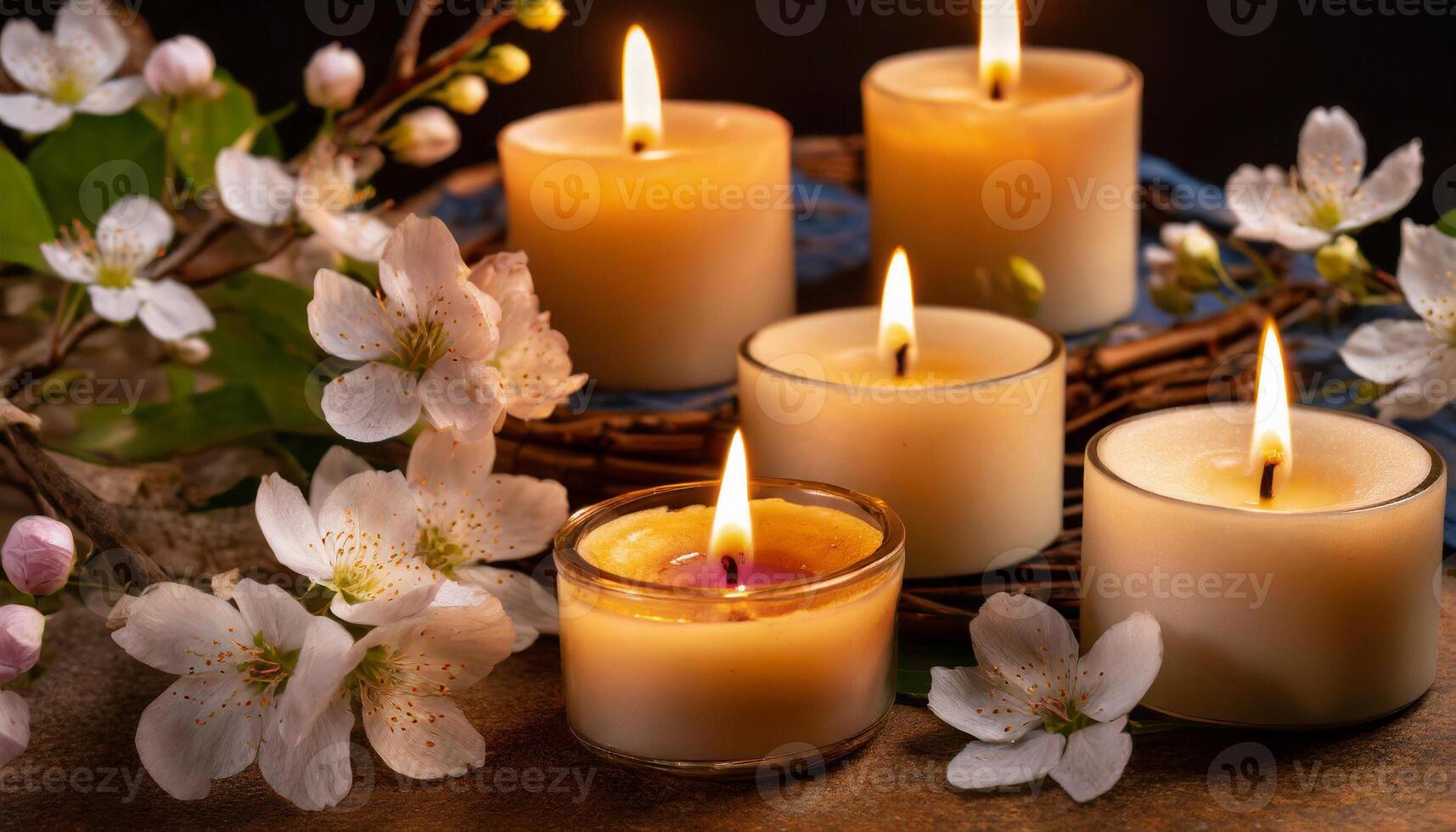 AI generated Lit candles and white blossoms create a serene, intimate atmosphere. Ideal for wellness and relaxation themes photo