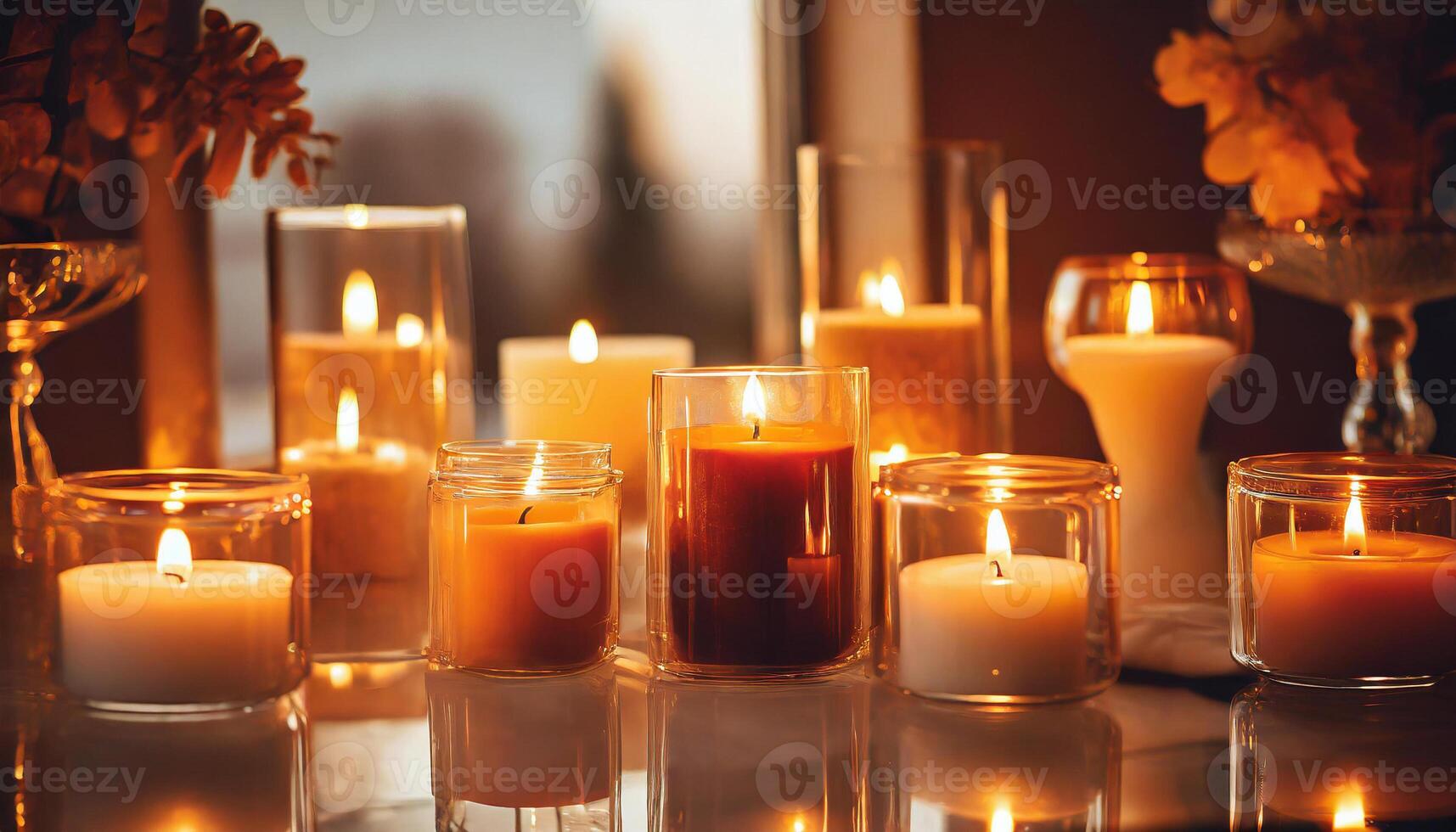 ai generado un sereno ajuste de iluminado velas con vaso envase fundición un calentar brillo, creando un acogedor atmósfera. foto