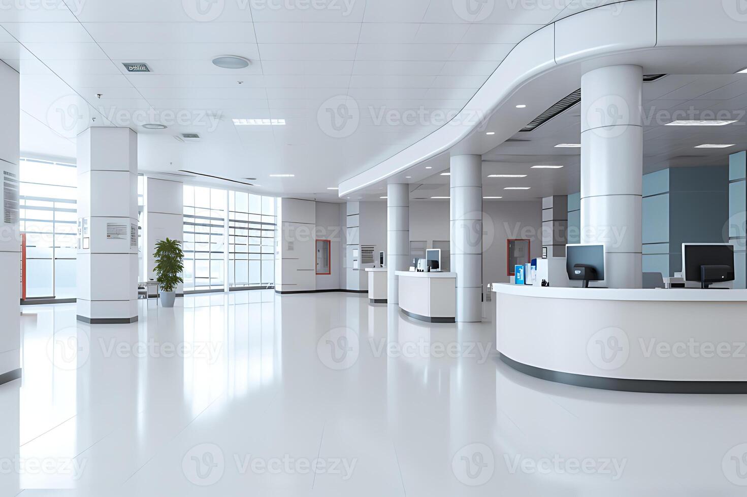 AI generated The decoration of the nursing staff's desks inside the new hospital building is beautiful and pleasing to the eye. photo