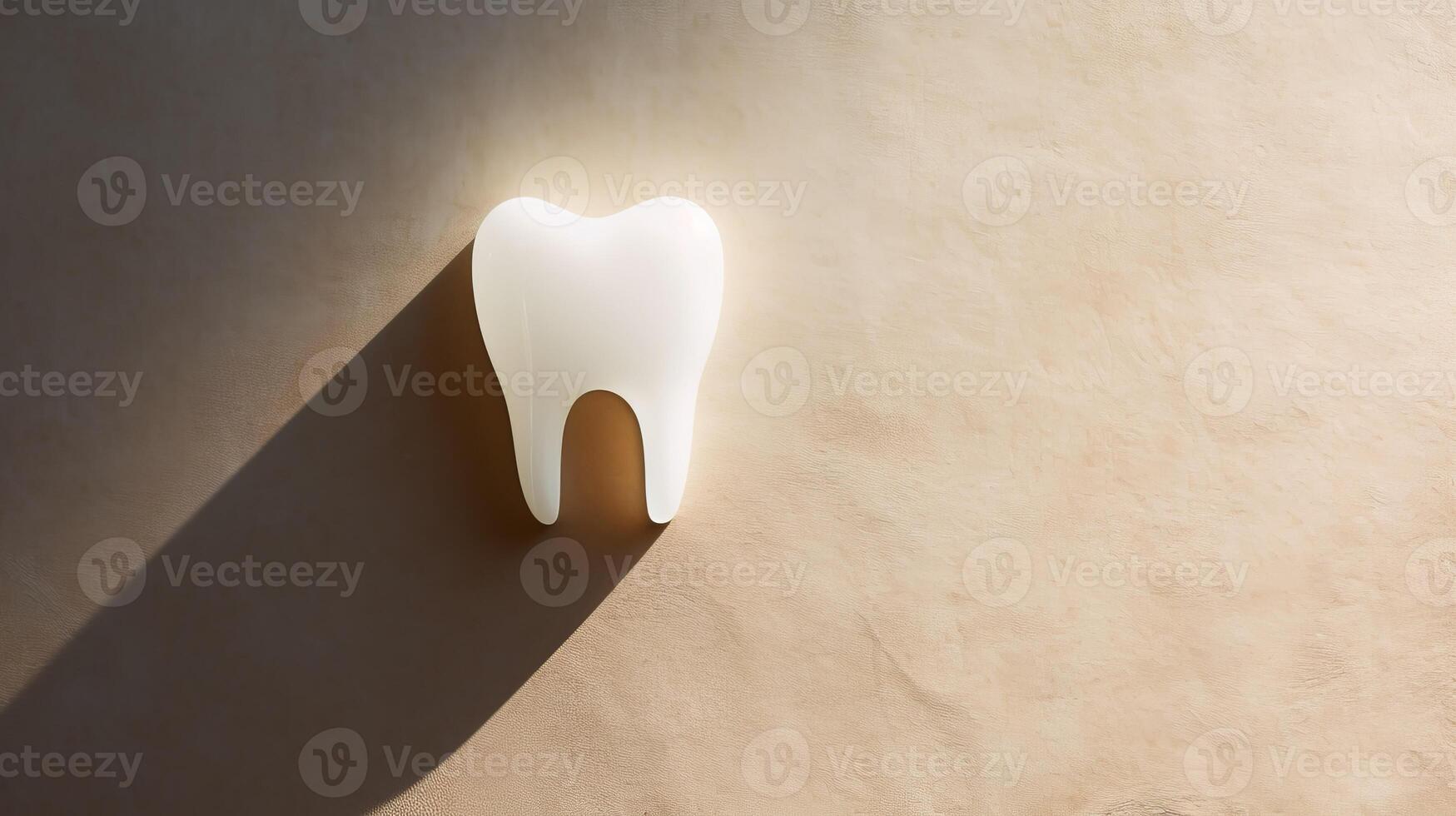 AI generated Human tooth against stone beige background with shadow cast by strong light photo