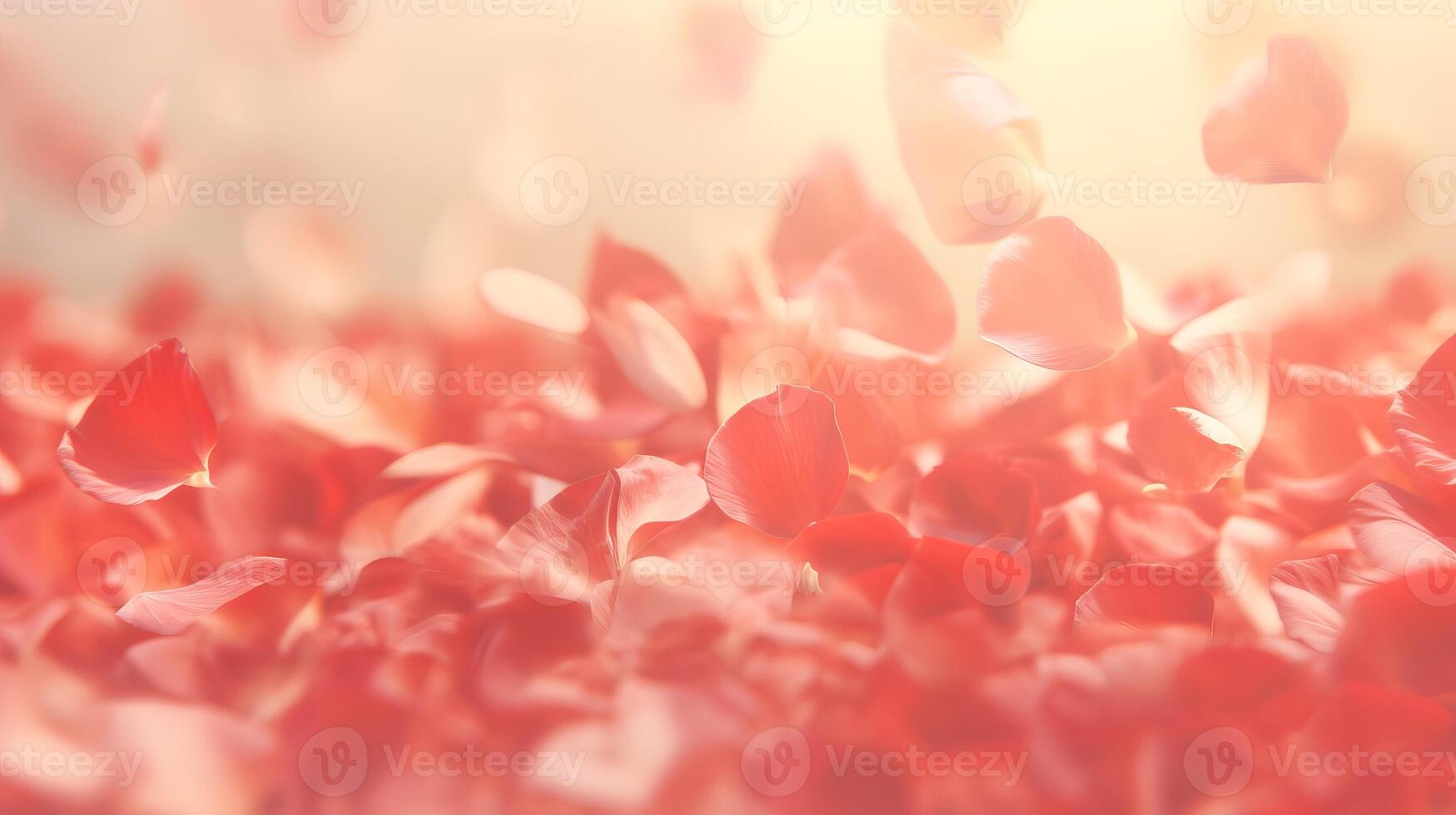 AI generated Red rose petals gently falling in soft sunlight, fragile feminine background photo