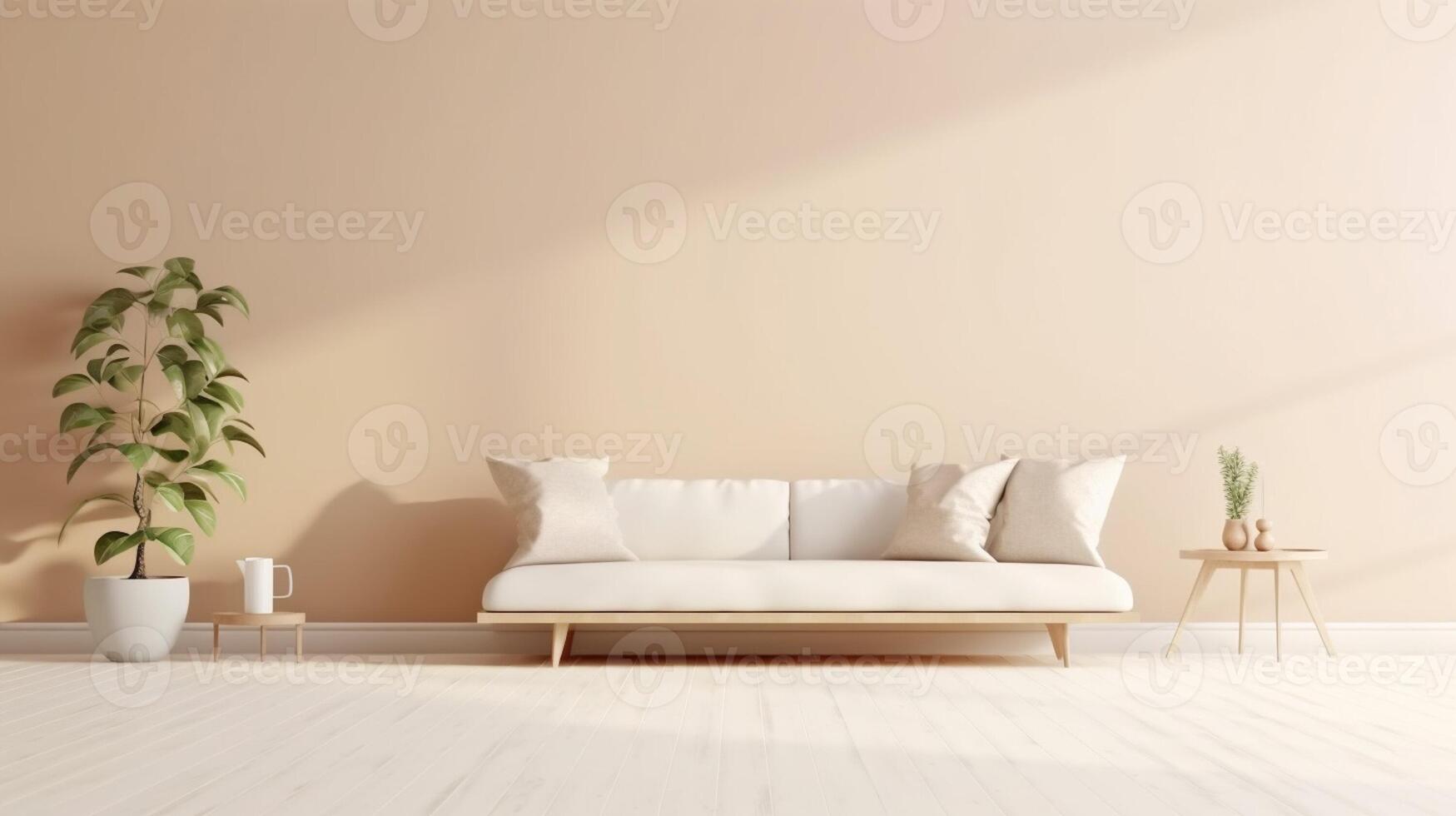 AI Generated Interior of light living room with comfortable sofa, houseplants and mirror near light wall. AI generative photo