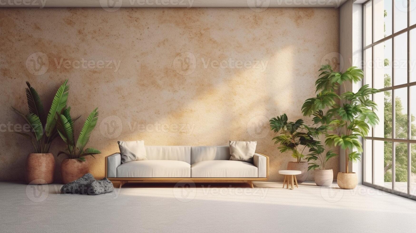 AI Generated Interior of light living room with comfortable sofa, houseplants and mirror near light wall. AI generative photo