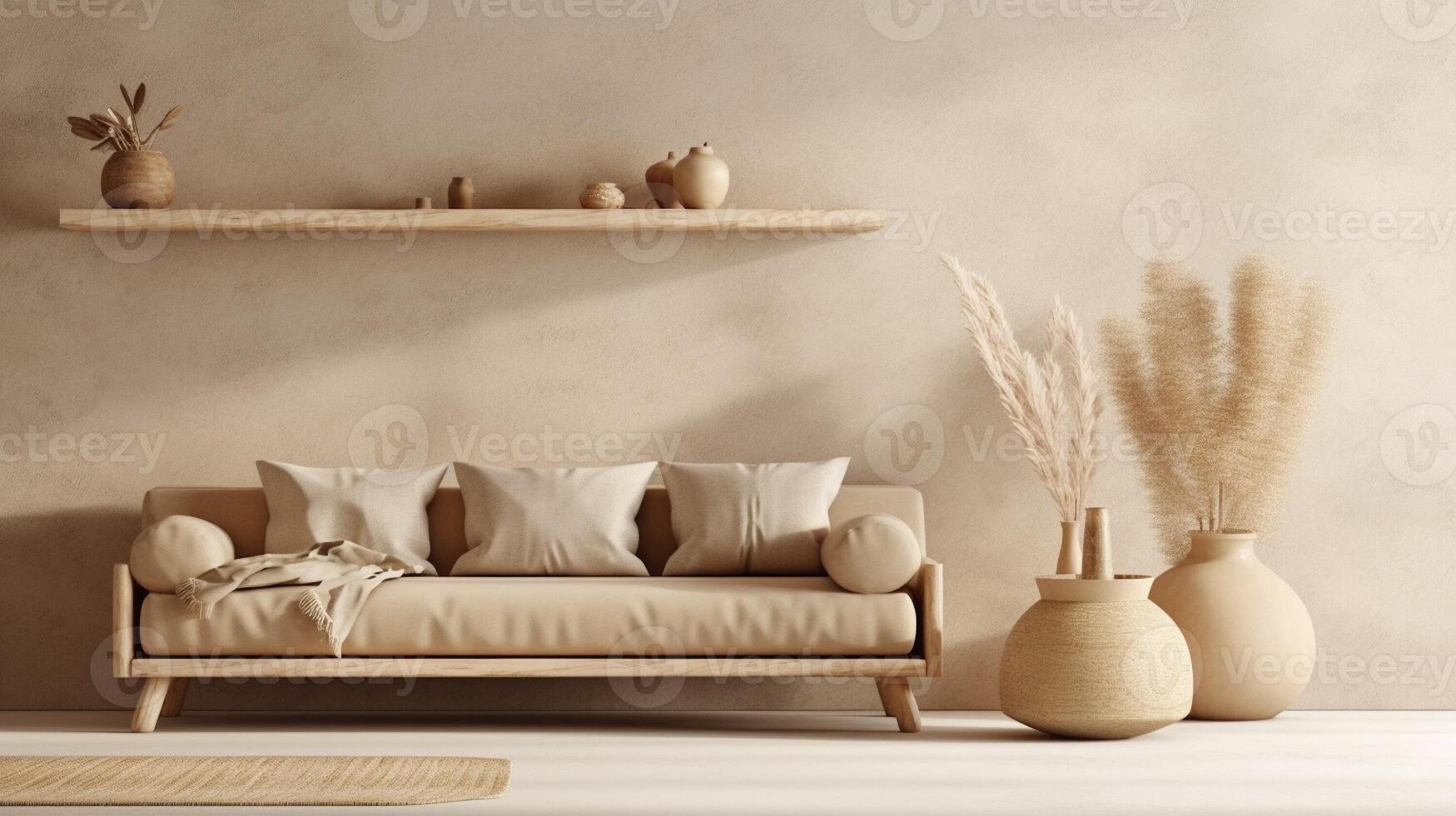AI Generated Interior of light living room with comfortable sofa, houseplants and mirror near light wall. AI generative photo