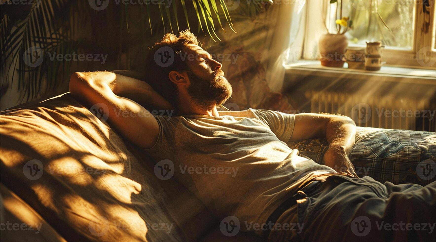 AI generated Relaxed bearded man lying on sofa in morning sunlight and looking at window photo